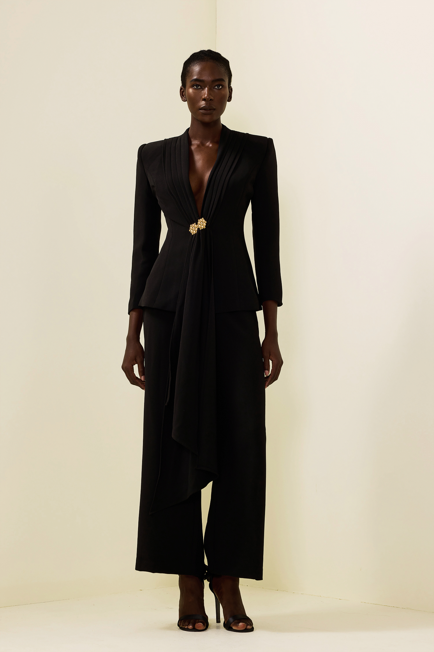 Solid Ruched Bottom Blazer ＆ Mid Waist Solid Pants Set