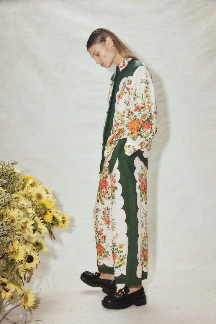 Floral Lantern Sleeve Lapel Buckle Shirt & Long Loose Pants Set