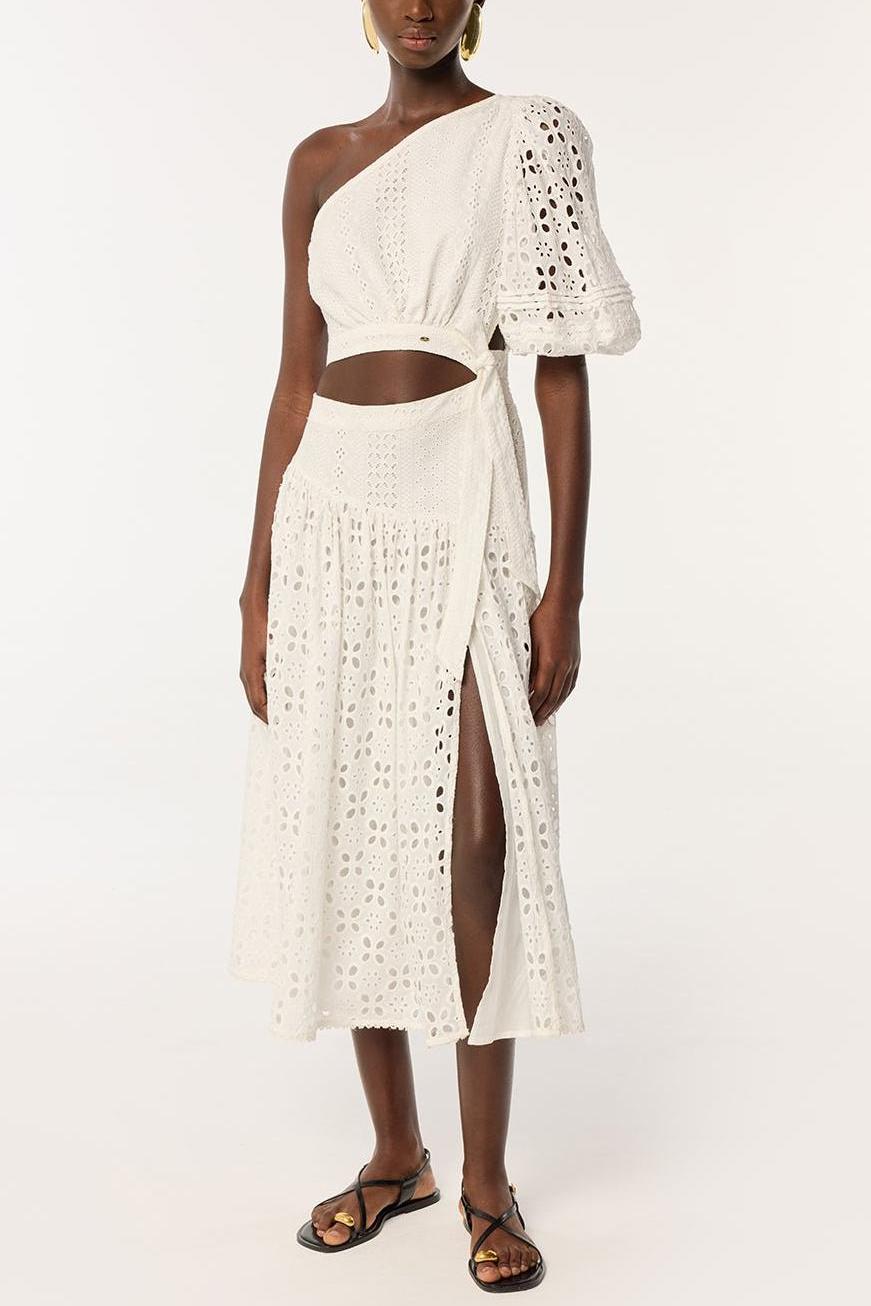 Skew Collar Cut-Out Top & Slit Midi Skirt Set