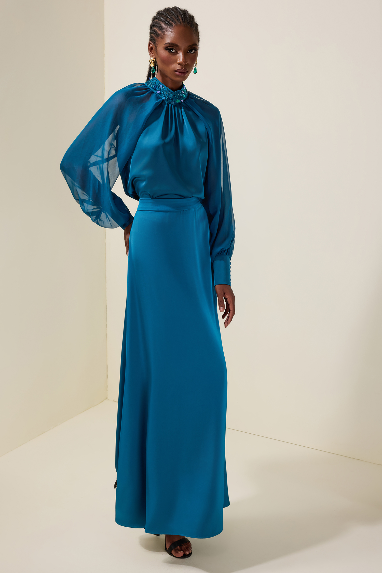 Satin Splicing Mesh Rivet Top & High Waist Maxi Skirt Set