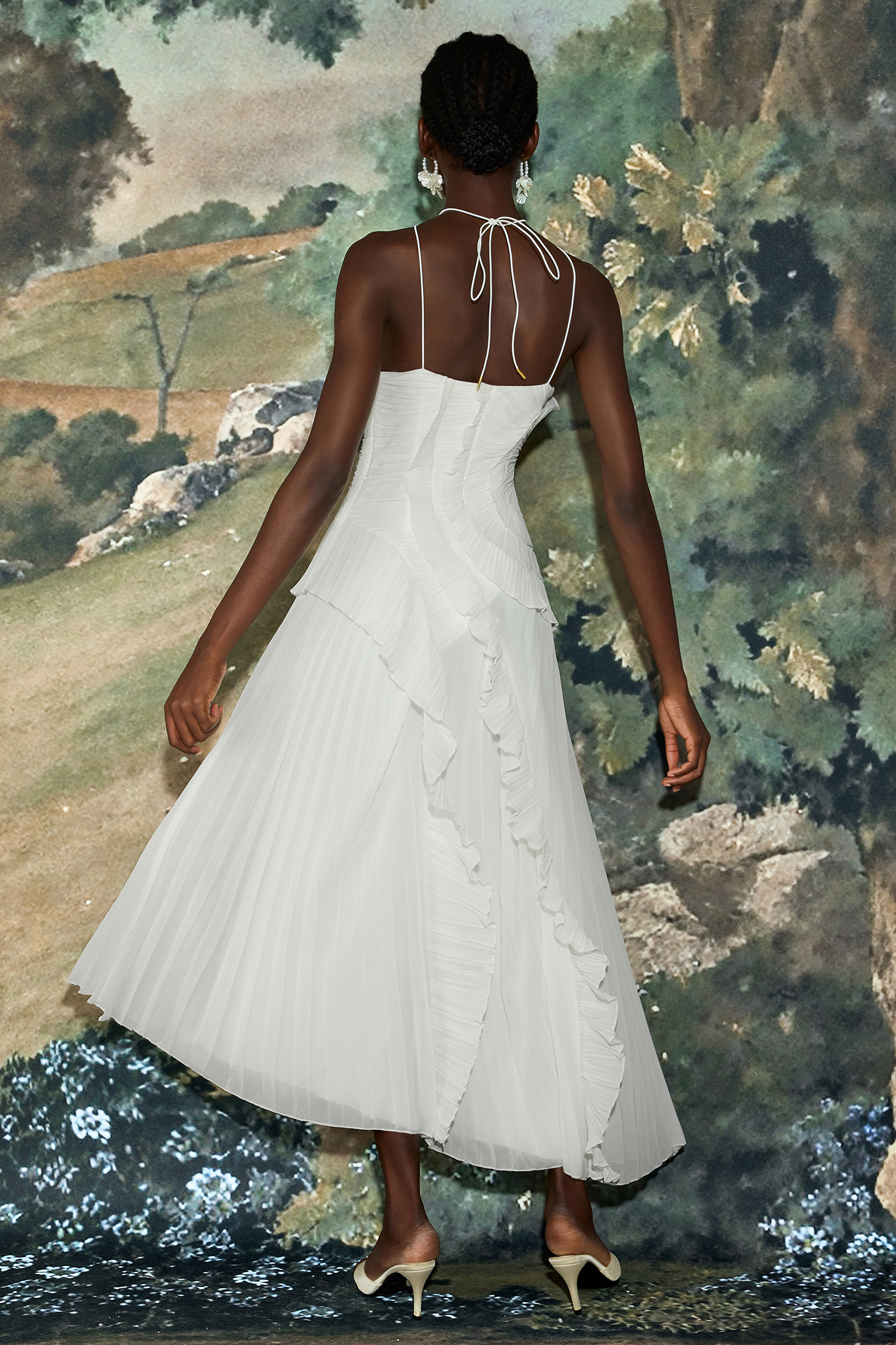 Pleated Frill Halter Neck Midi Dress