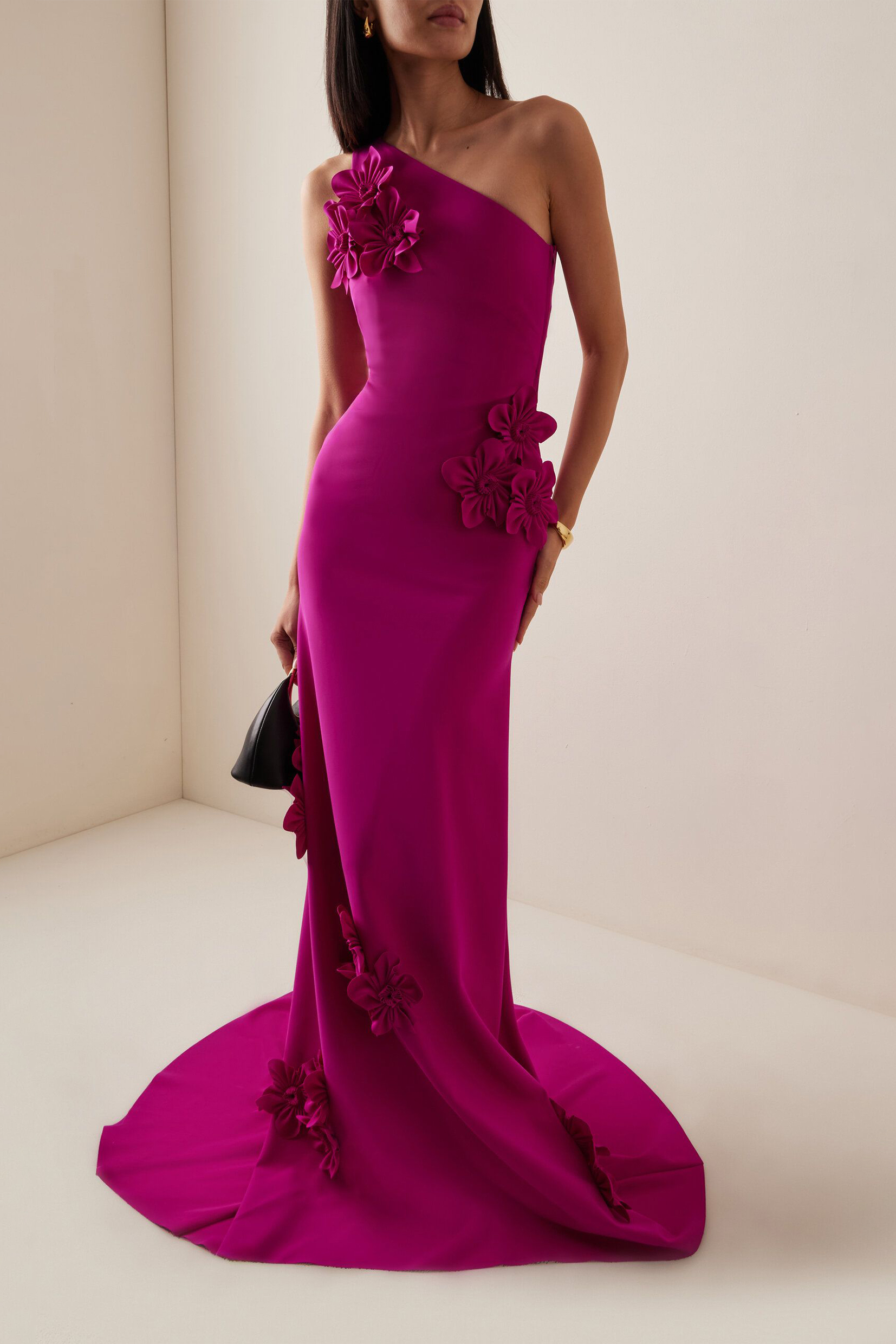 Solid 3D Flower Skew Collar Maxi Dress