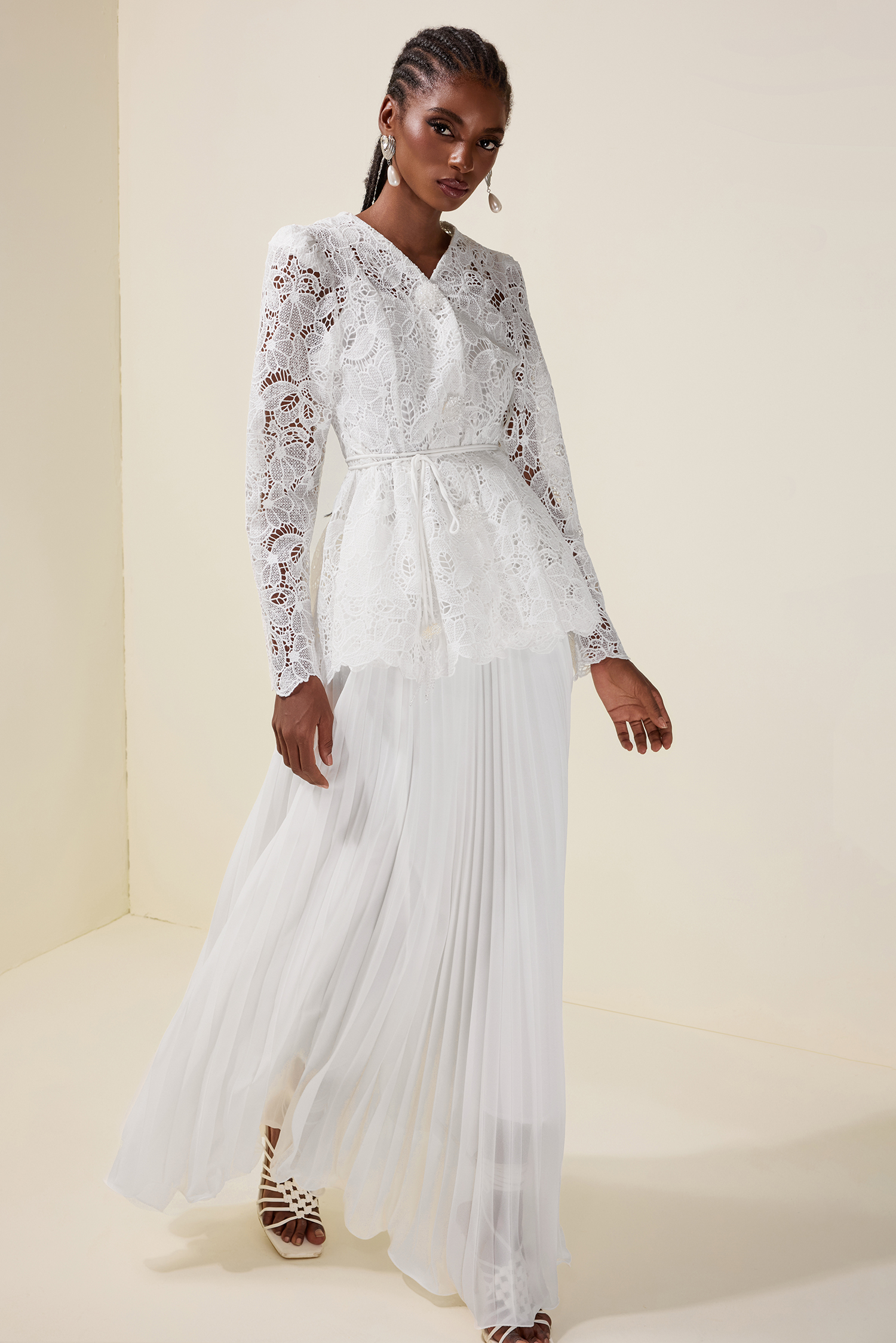 Lace Rhinestone Top With Belt & High Waist Pleated Maxi Skirt Set