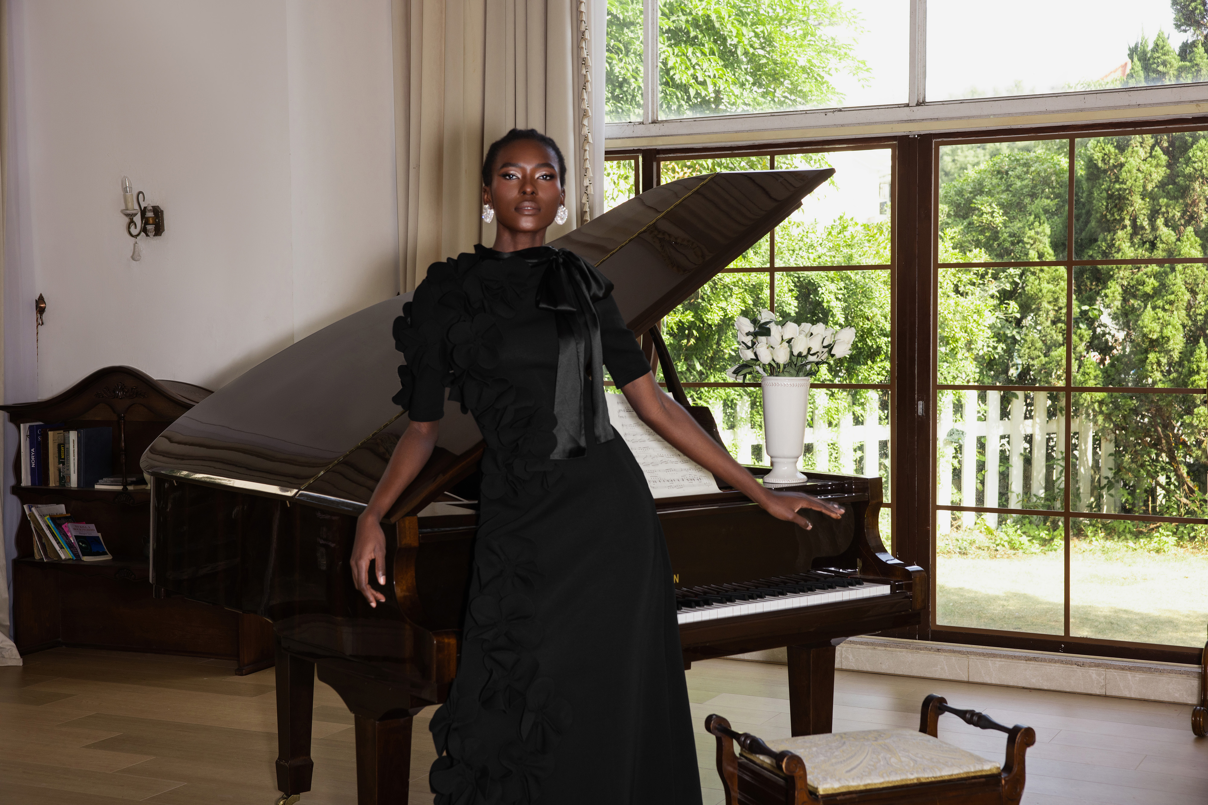 3D Flower Lace Up Mid Sleeve Maxi Dress