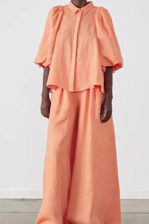 Solid Puff Sleeve Top & Mid Waist Loose Pants Set