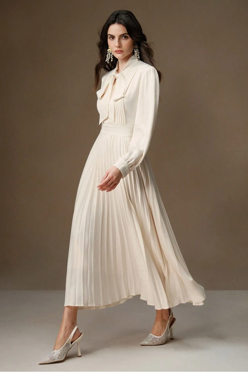 Satin Pleated Lace-Up Midi Dress