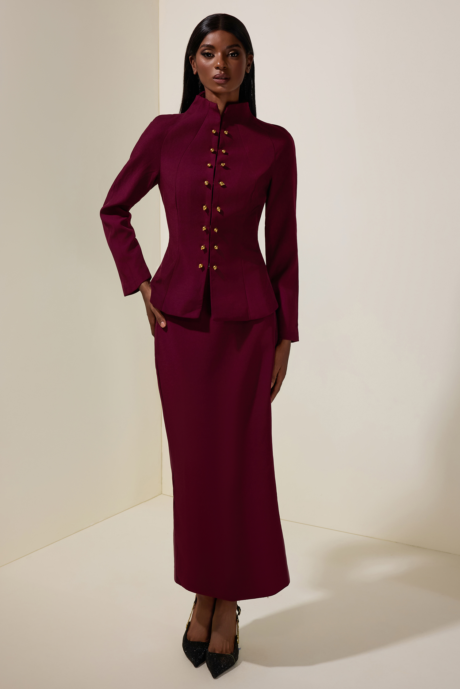 Metal Button Stand Collar Top & Mid Waist Midi Skirt Set