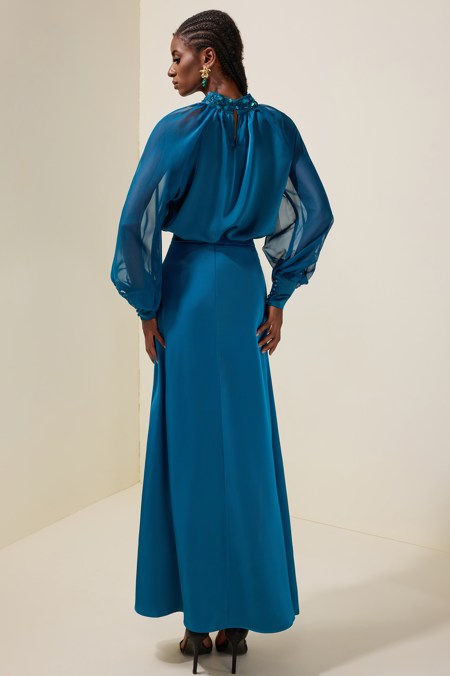 Satin Splicing Mesh Rivet Top & High Waist Maxi Skirt Set