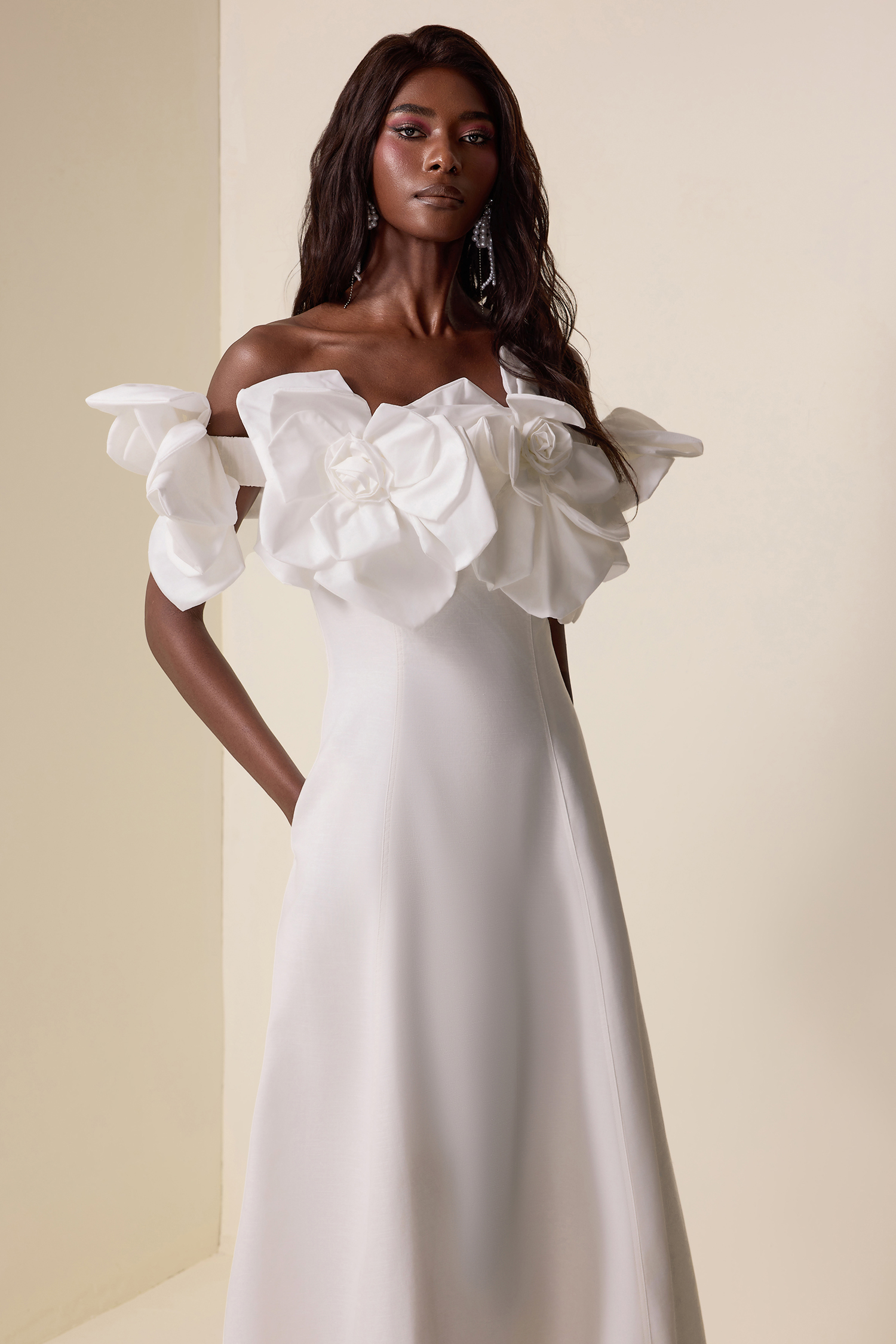 3D Flower Solid Off-Shoulder Midi Dress