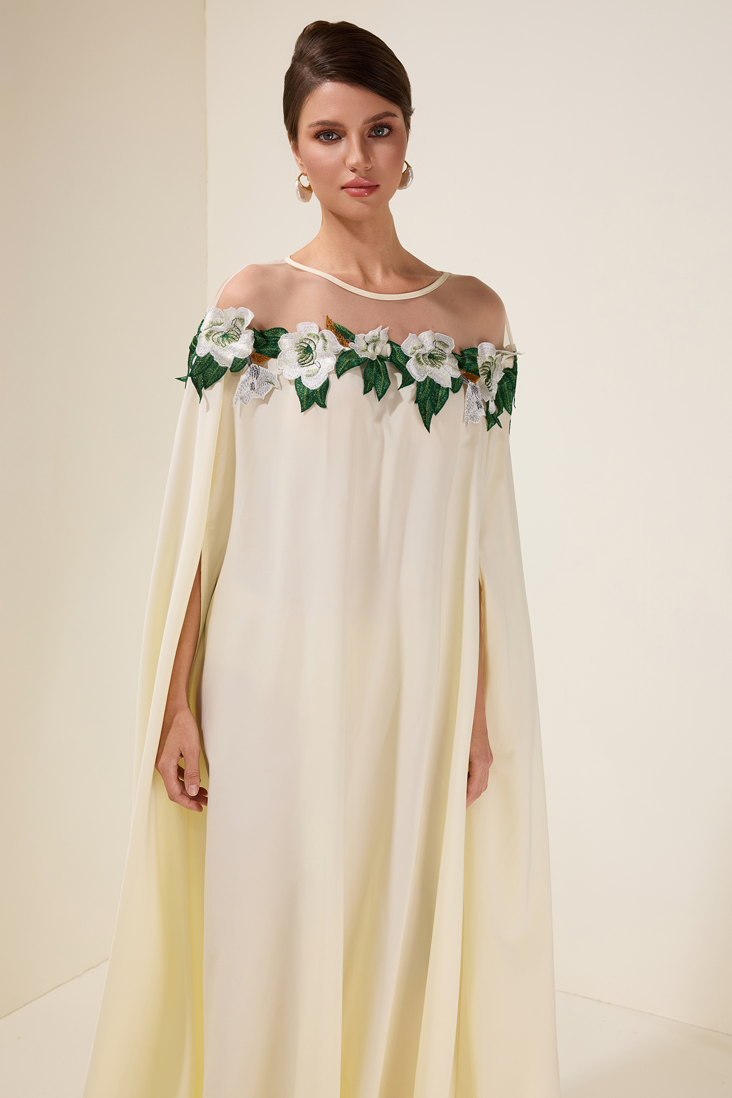 Embroidered Batwing Sleeve Midi Dress