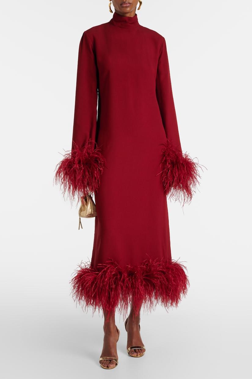 Solid Feather Long Sleeve Midi Dress