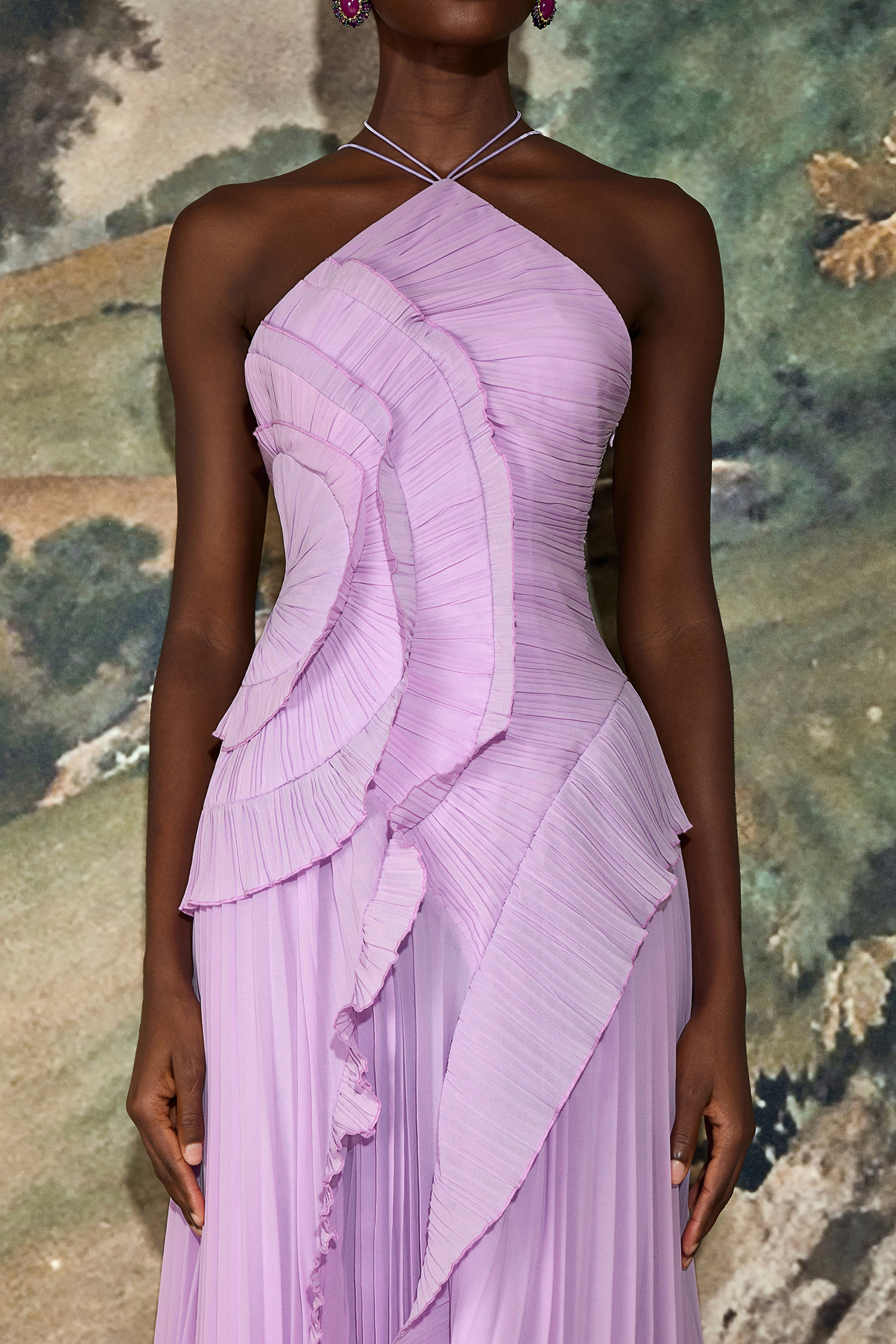 Pleated Frill Halter Neck Midi Dress