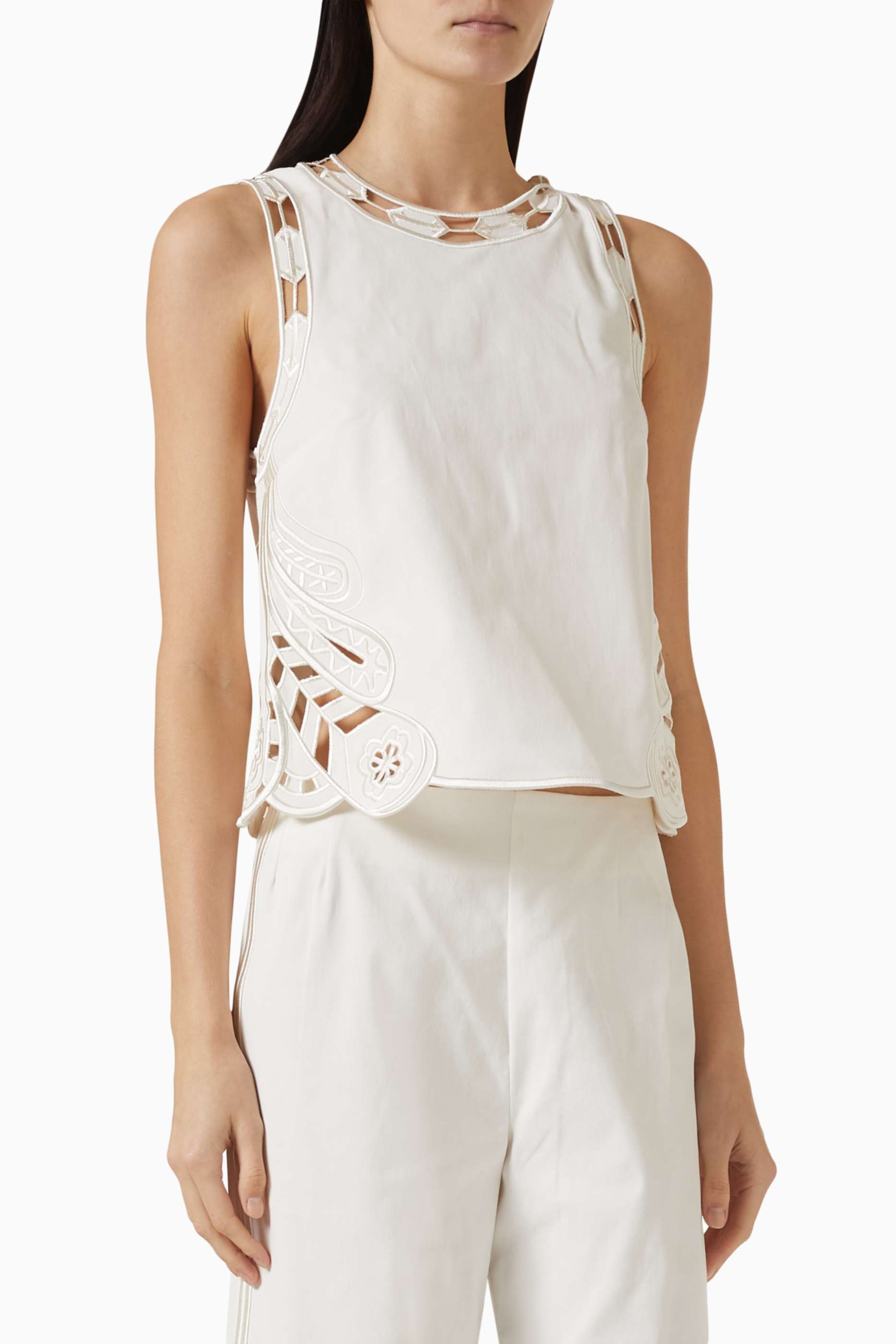 Embroidered Sleeveless Round Neck Top & High Waist Pants Set