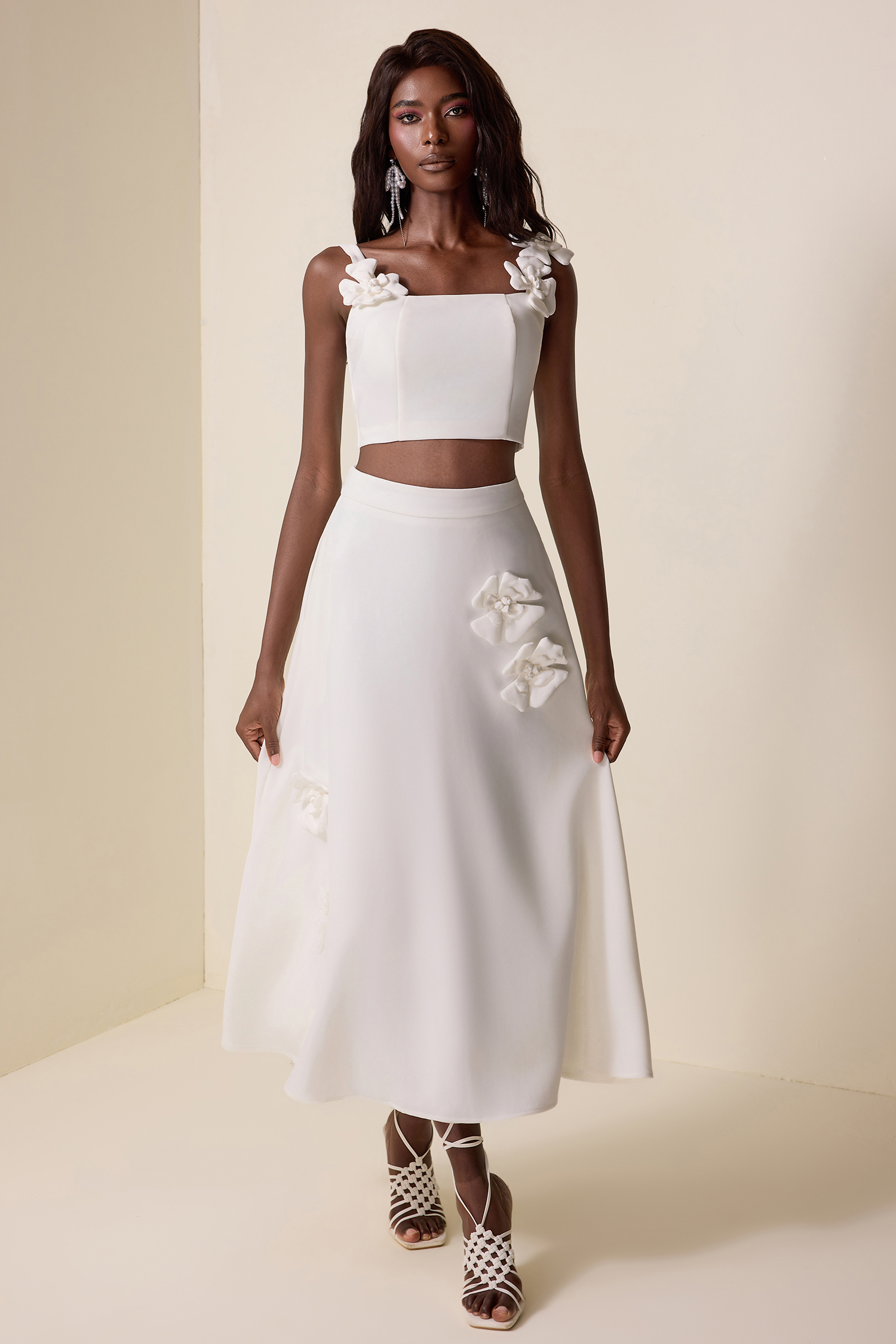 3D Flower Square Collar Solid Top & High Waist Skirt Set