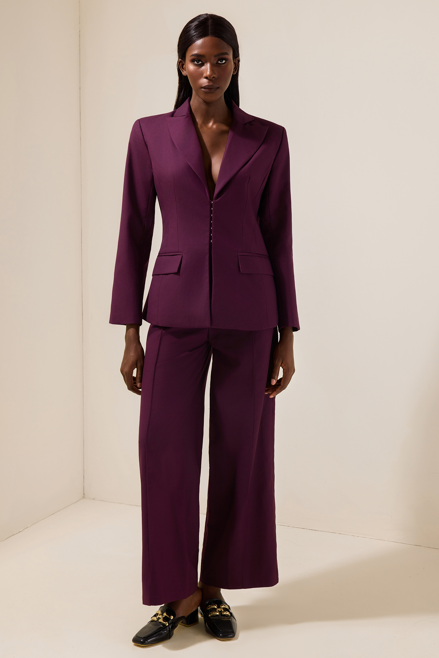 Solid Tailored Collar Blazer & High Waist Loose Pants Set