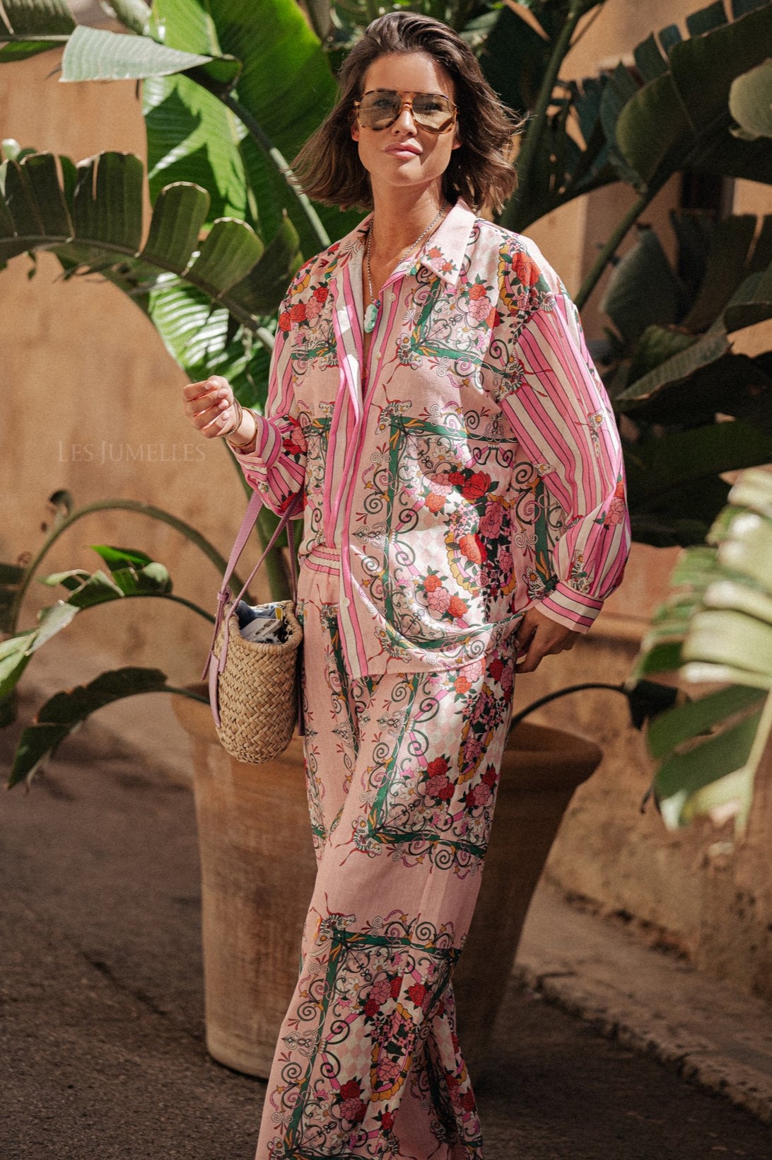 Floral Bottom Long Sleeve Top ＆ Mid Waist Wide Leg Pants Set