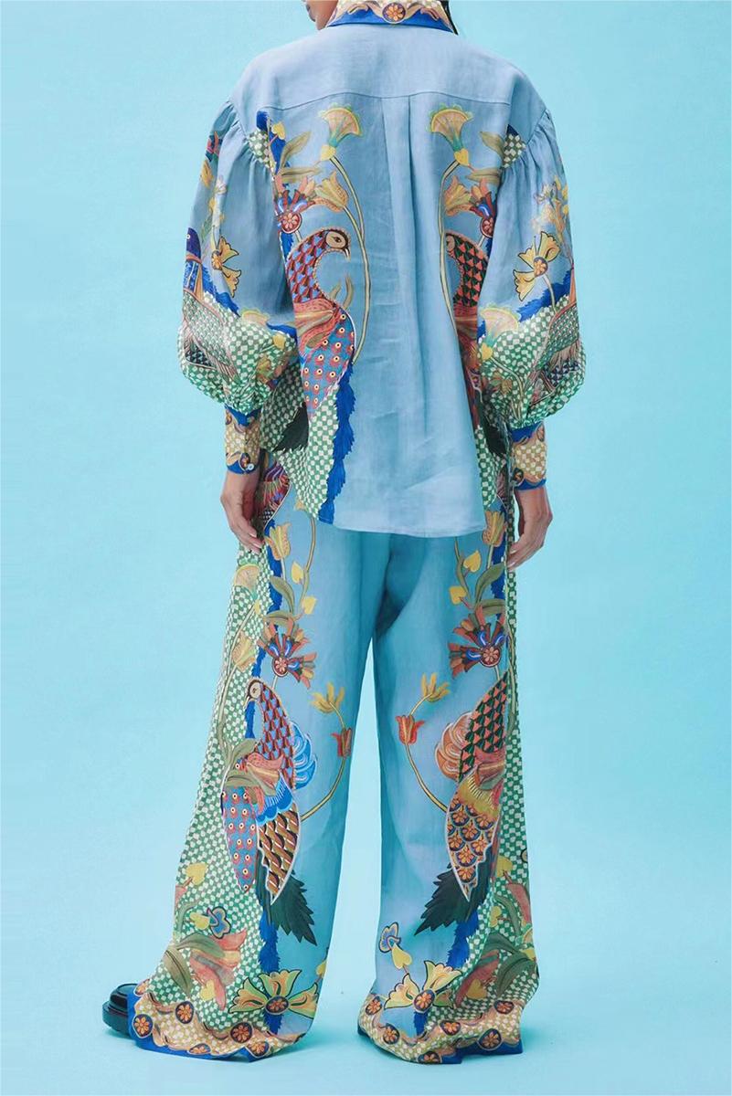 Boho Lantern Sleeve Lapel Buckle Pants Set