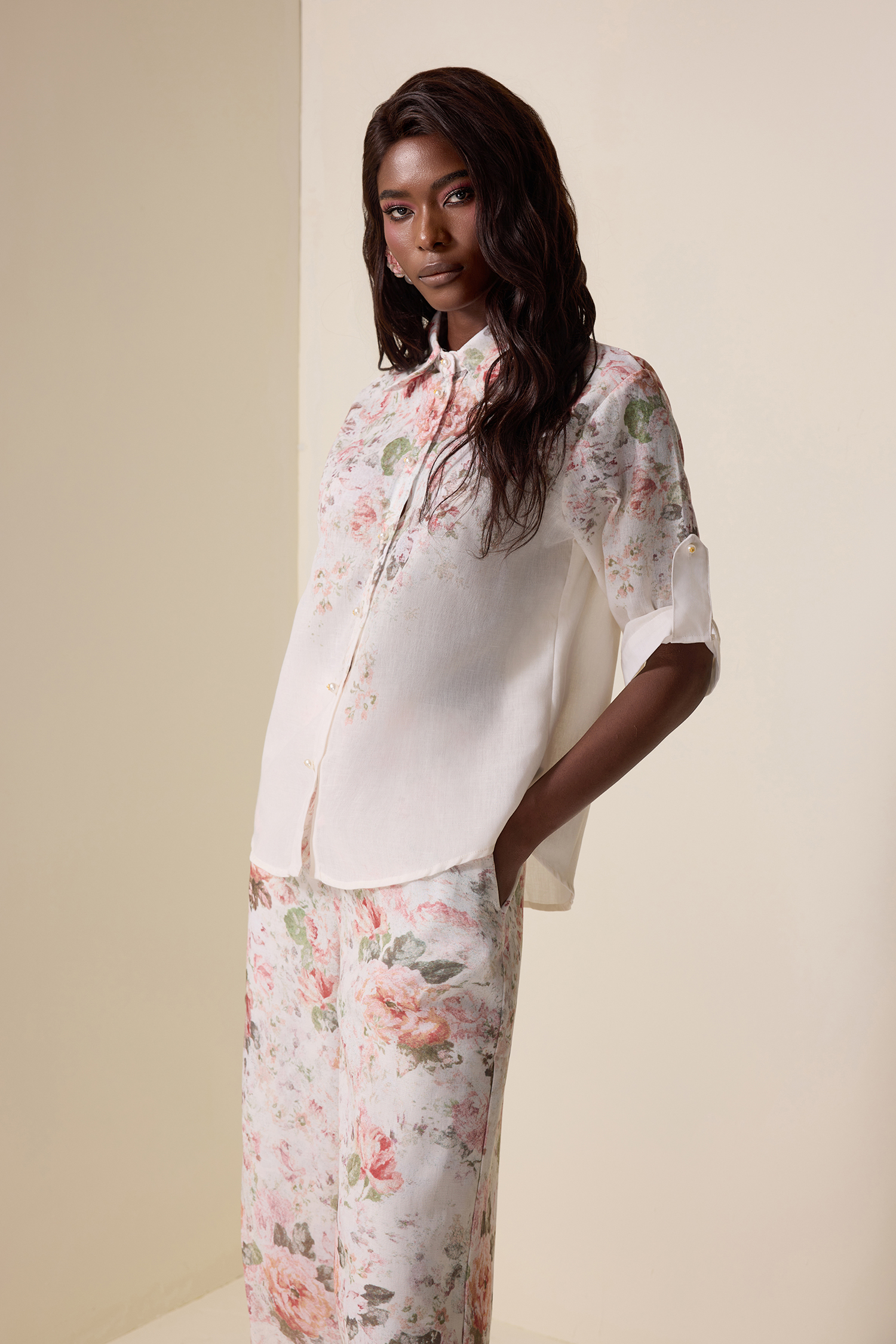 Floral Shirt Collar Short Sleeve Top & High Waist Pants Set