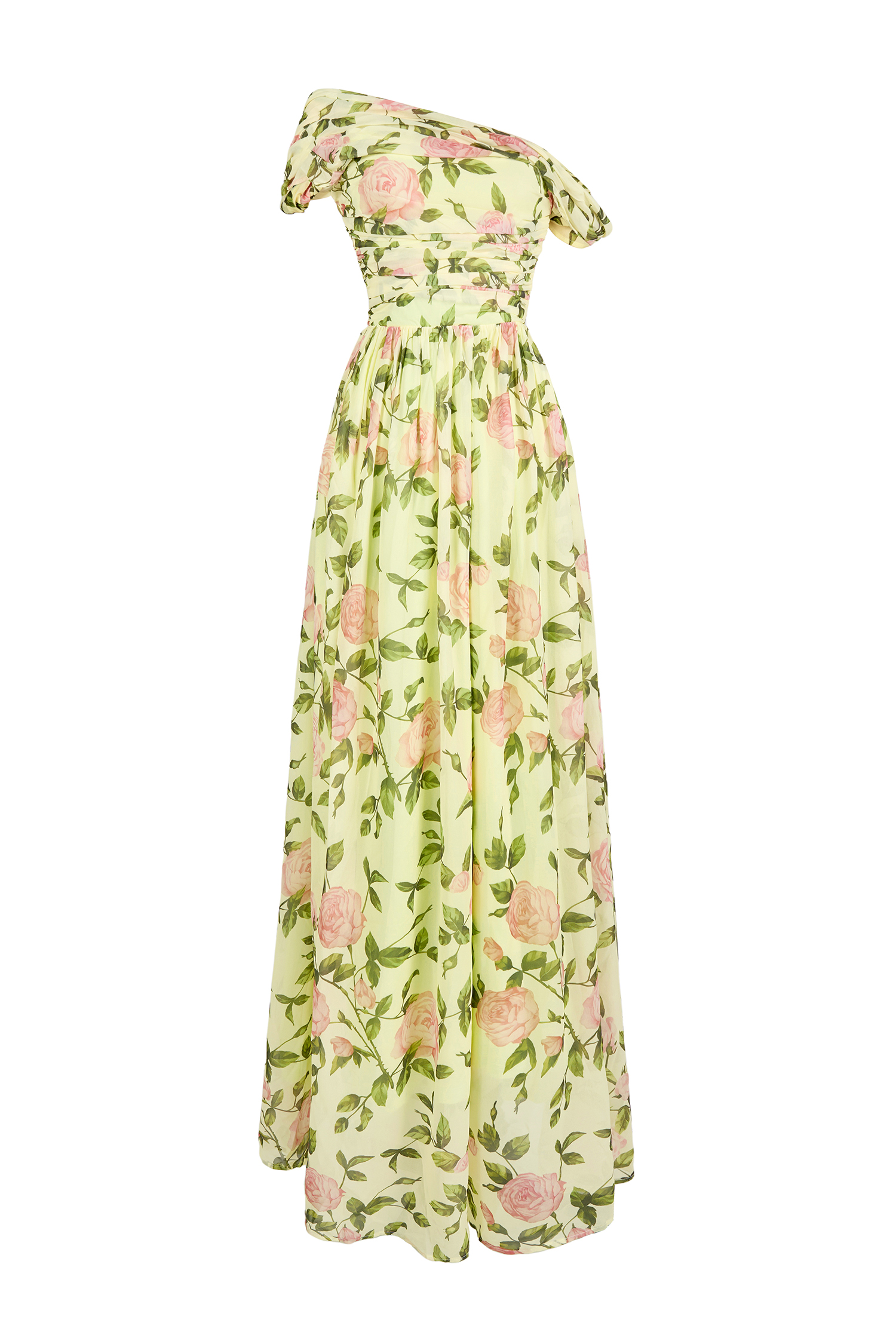 Floral Skew Collar Chiffon Maxi Dress