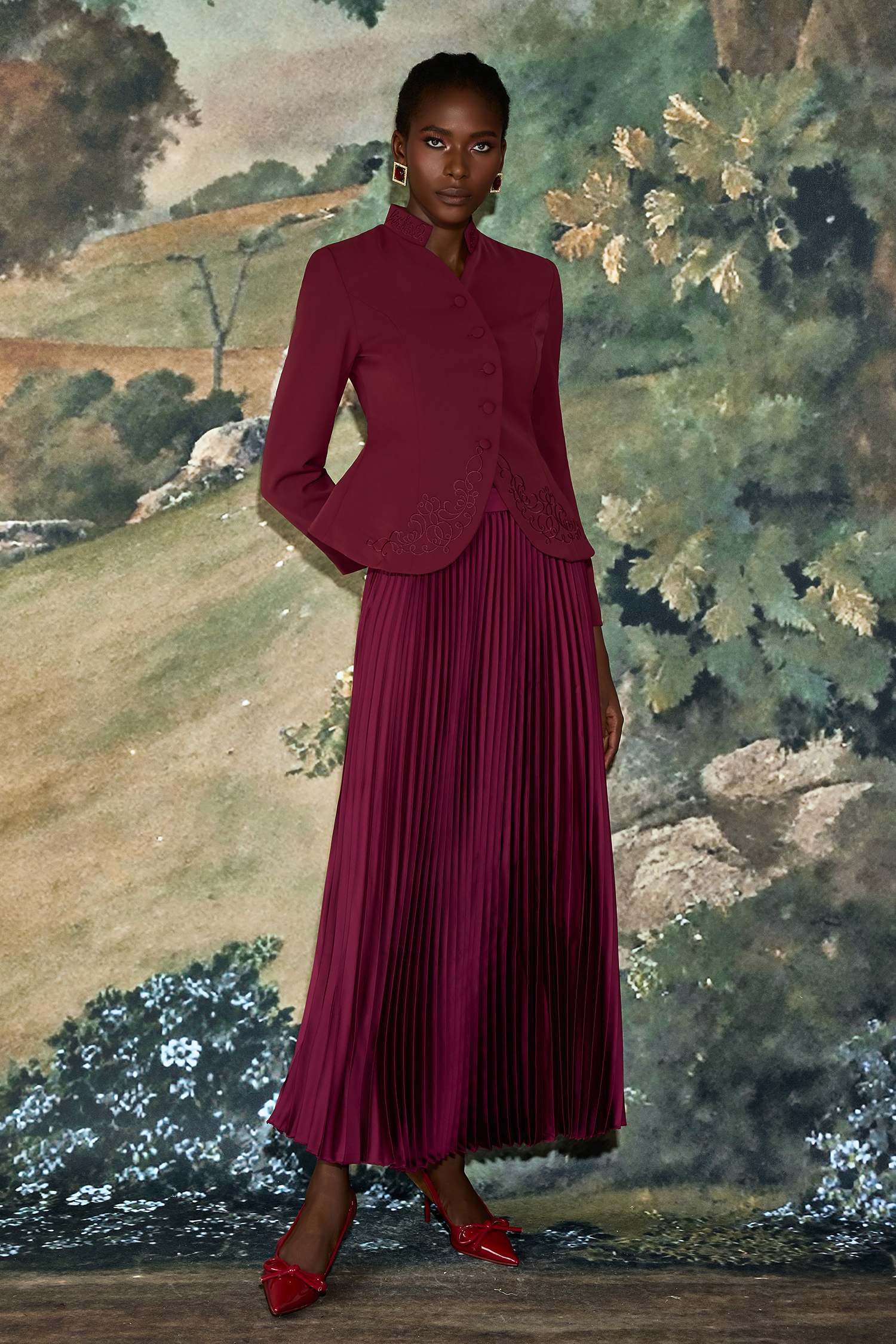 Embroidered Stand Collar Top & High Waist Pleated Maxi Skirt Set