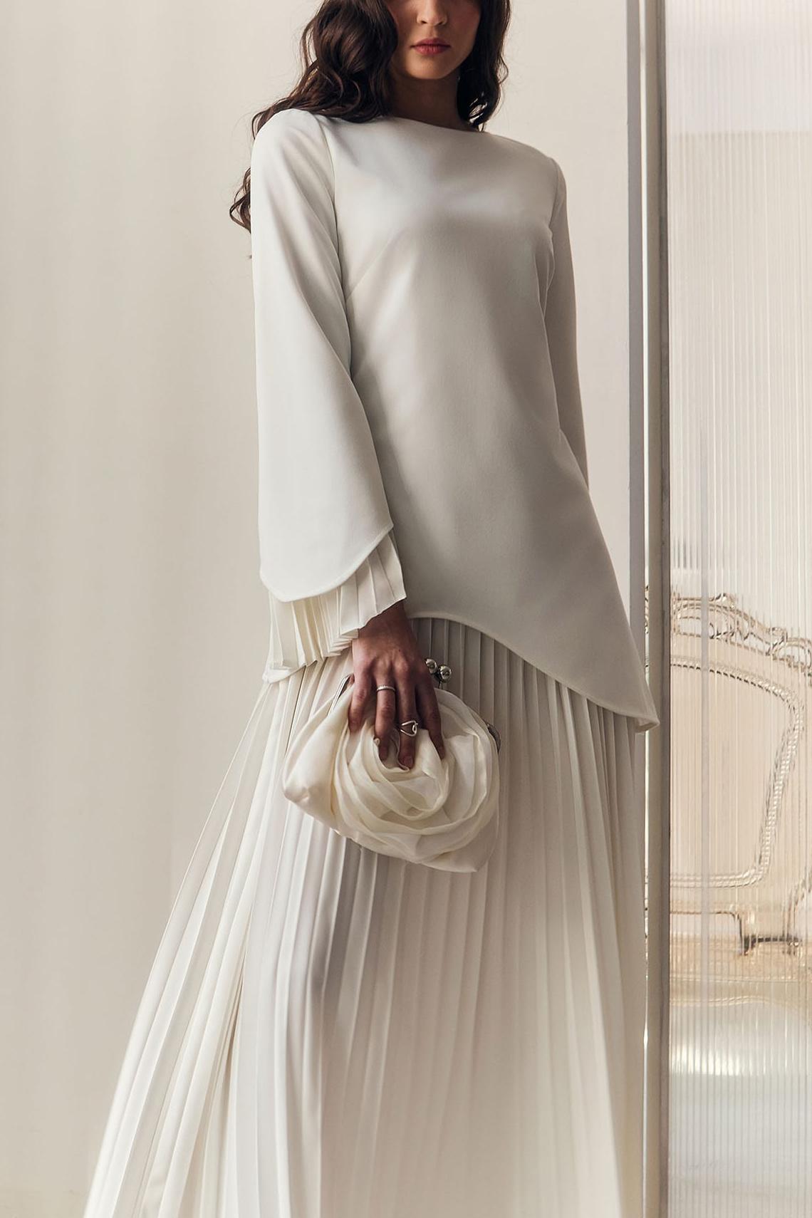 Pleated Bell Sleeve Top & High Waist Midi Skirt Set