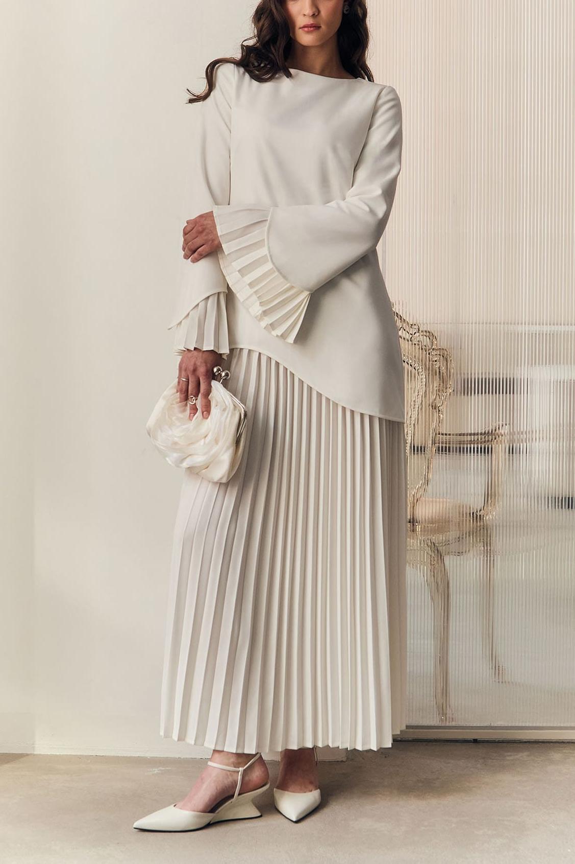 Pleated Bell Sleeve Top & High Waist Midi Skirt Set