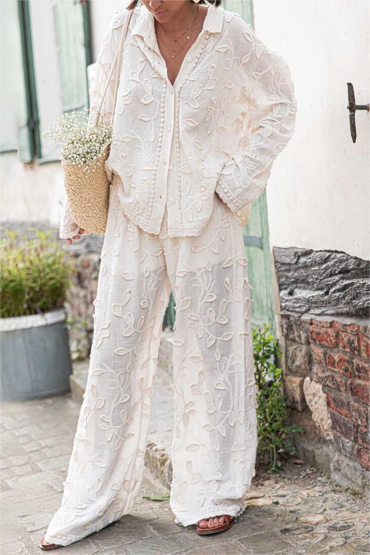 Embroidered Solid Long Sleeve Shirt & Embroidered Solid Pants Set