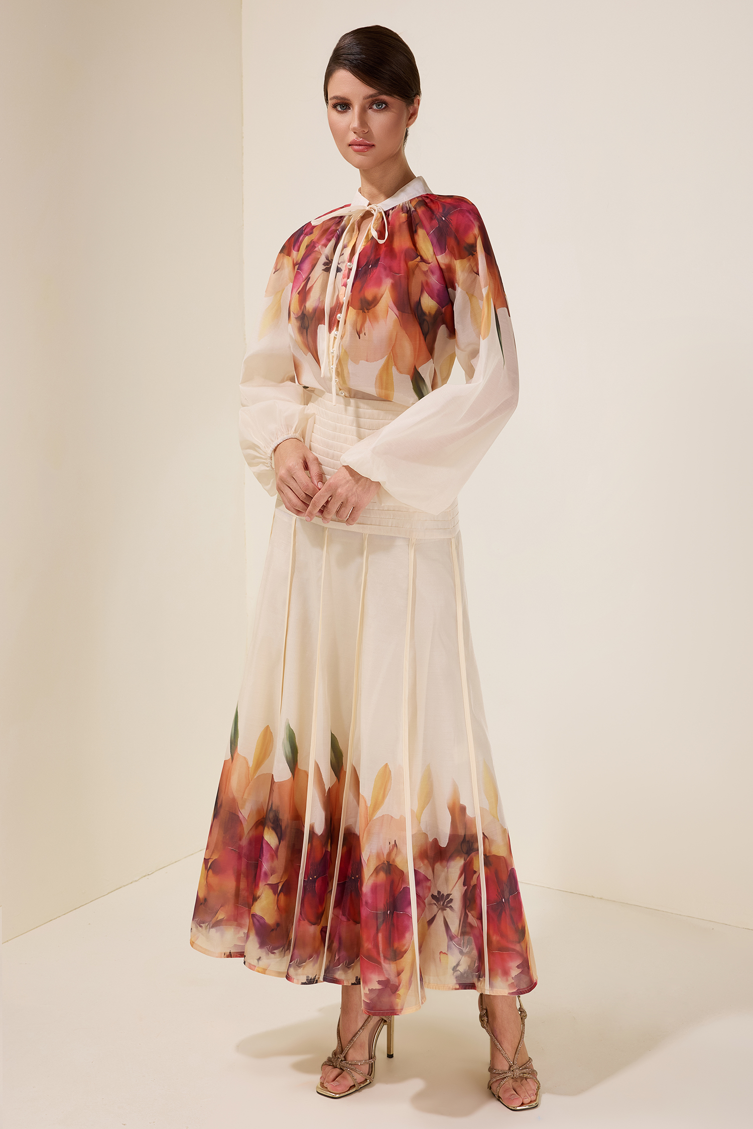 Floral Lace-Up Top & Pleated High Waist Midi Skirt Set