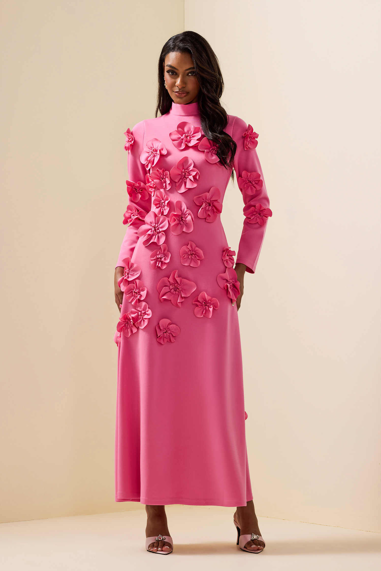 3D Flower Stand Collar Long Sleeve Midi Dress