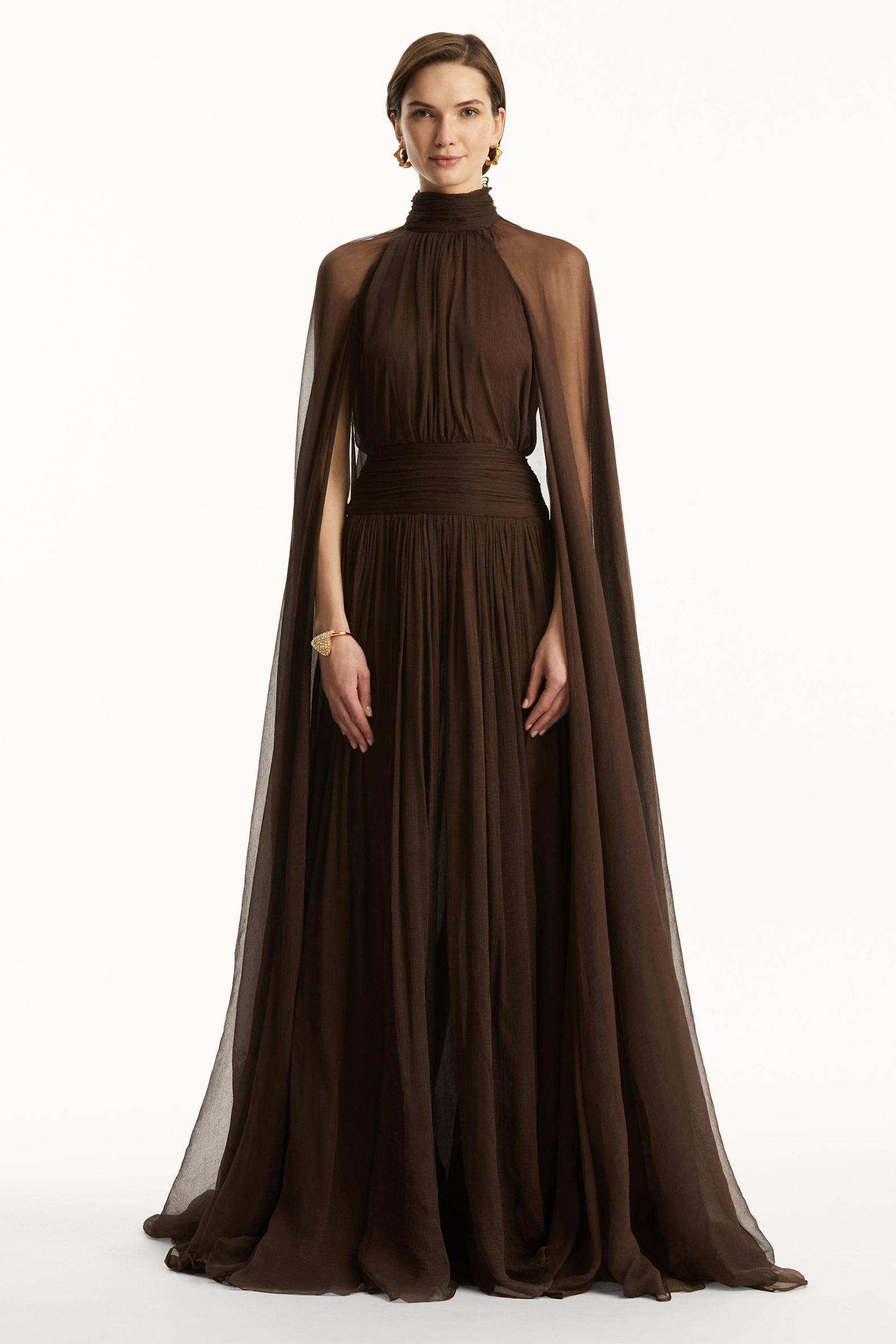 Chiffon High Neck Cape Sleeve Maxi Dress