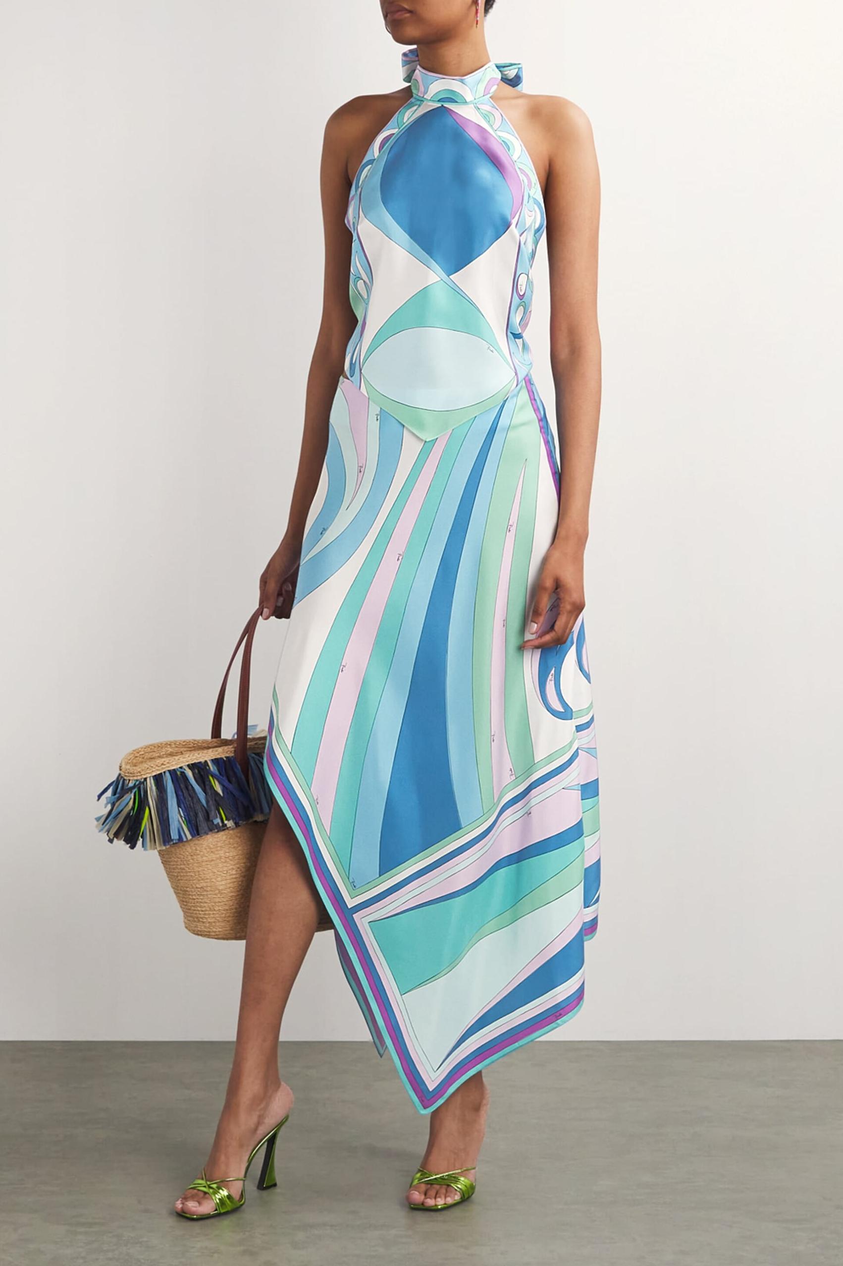 Satin Halter Neck Mini Top & Abstract Print Mid Waist Midi Skirt Set