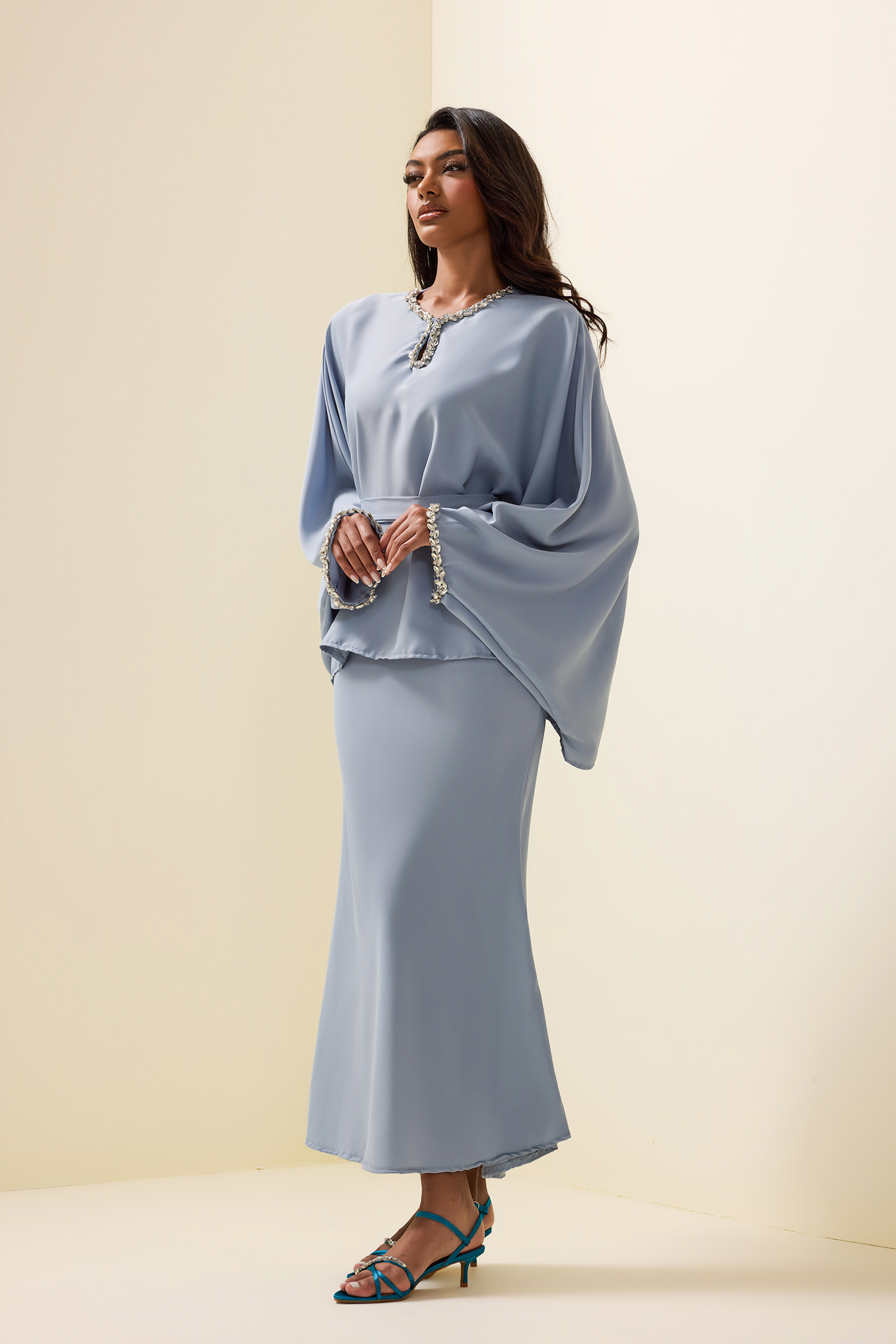 Rhinestone Solid Top ＆ High Waist Solid Midi Skirt Set