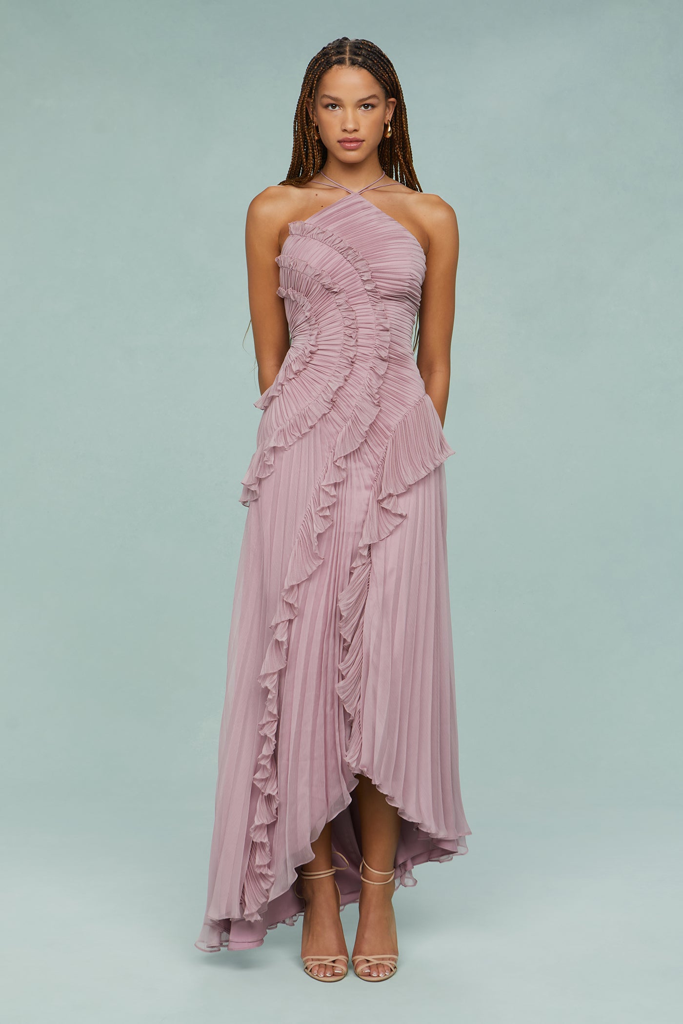 Pleated Frill Halter Neck Midi Dress