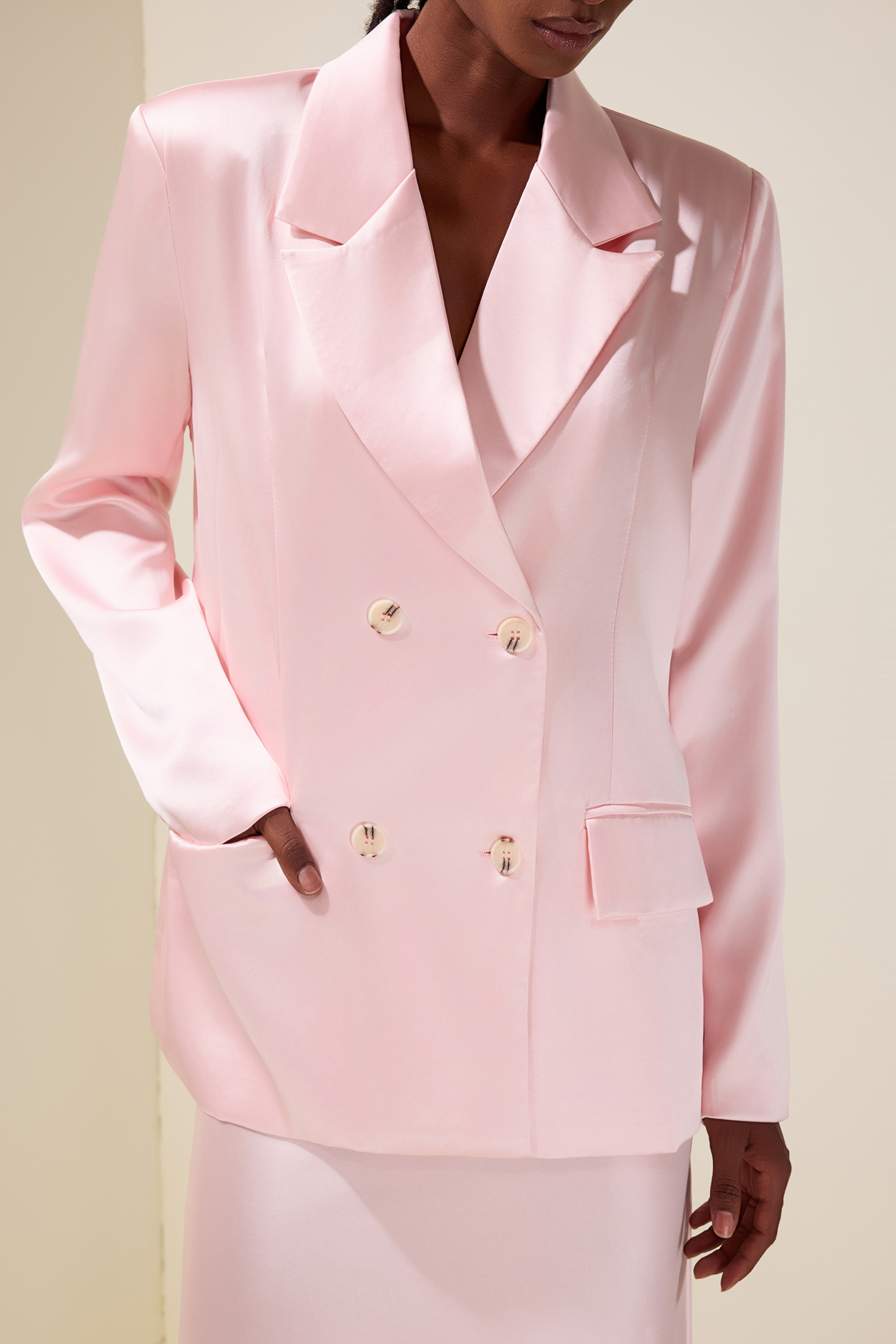 Solid Tailored Collar Blazer & High Waist Maxi Skirt Set