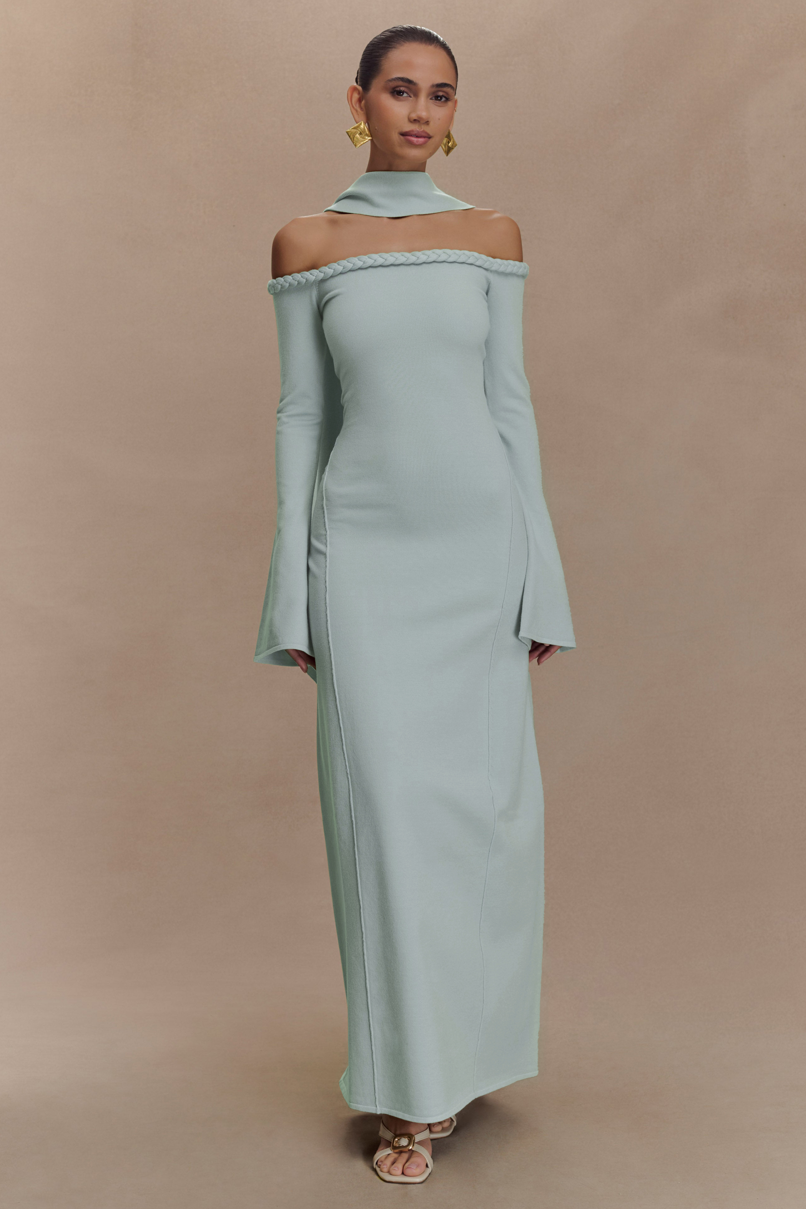 Knotted Off Shoulder Maxi Dress With Scarf