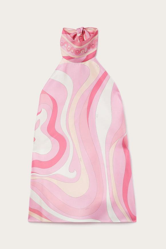 Satin Halter Neck Mini Top & Abstract Print Mid Waist Midi Skirt Set