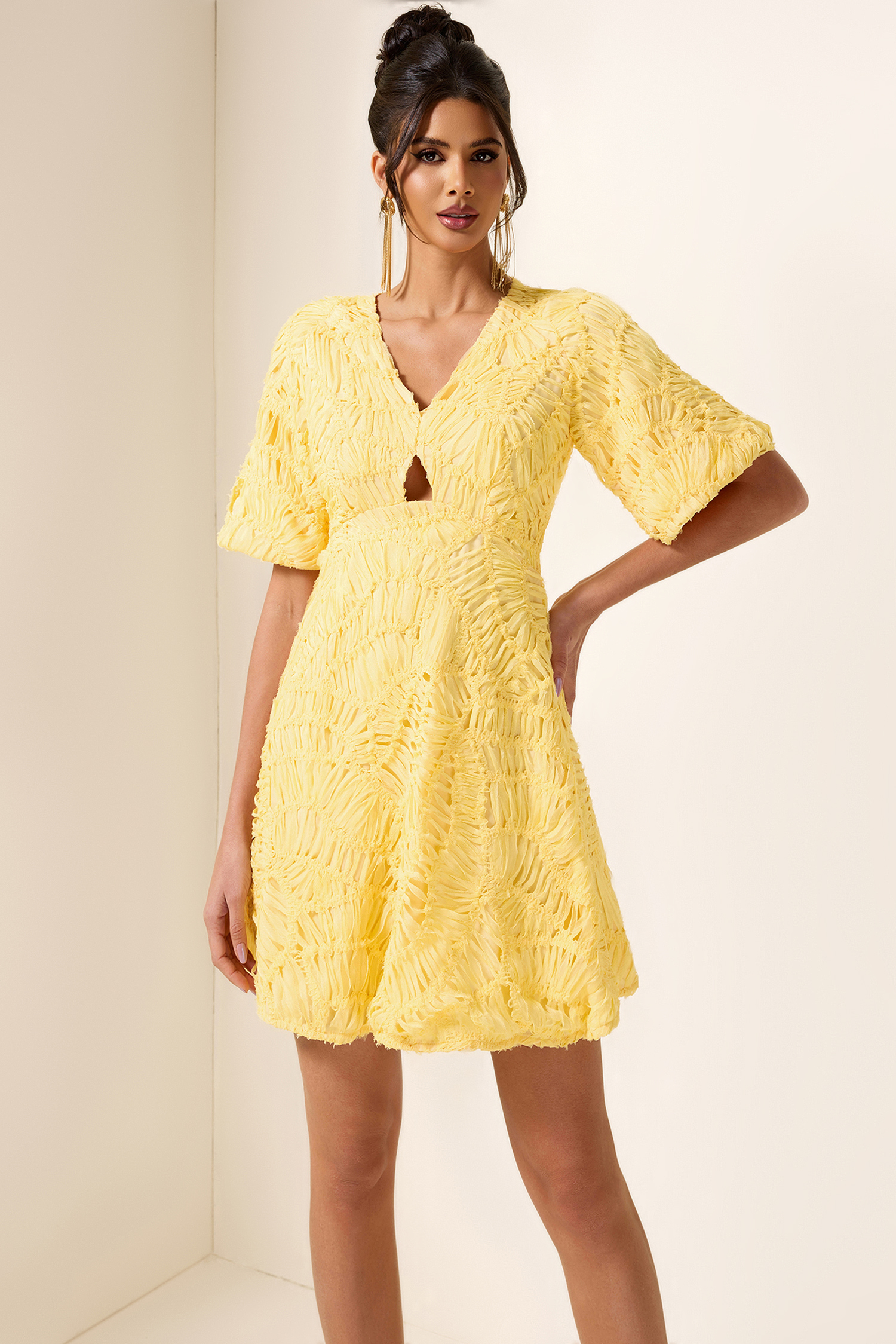 Cut-Out V-Neck Puff Sleeve Mini Dress