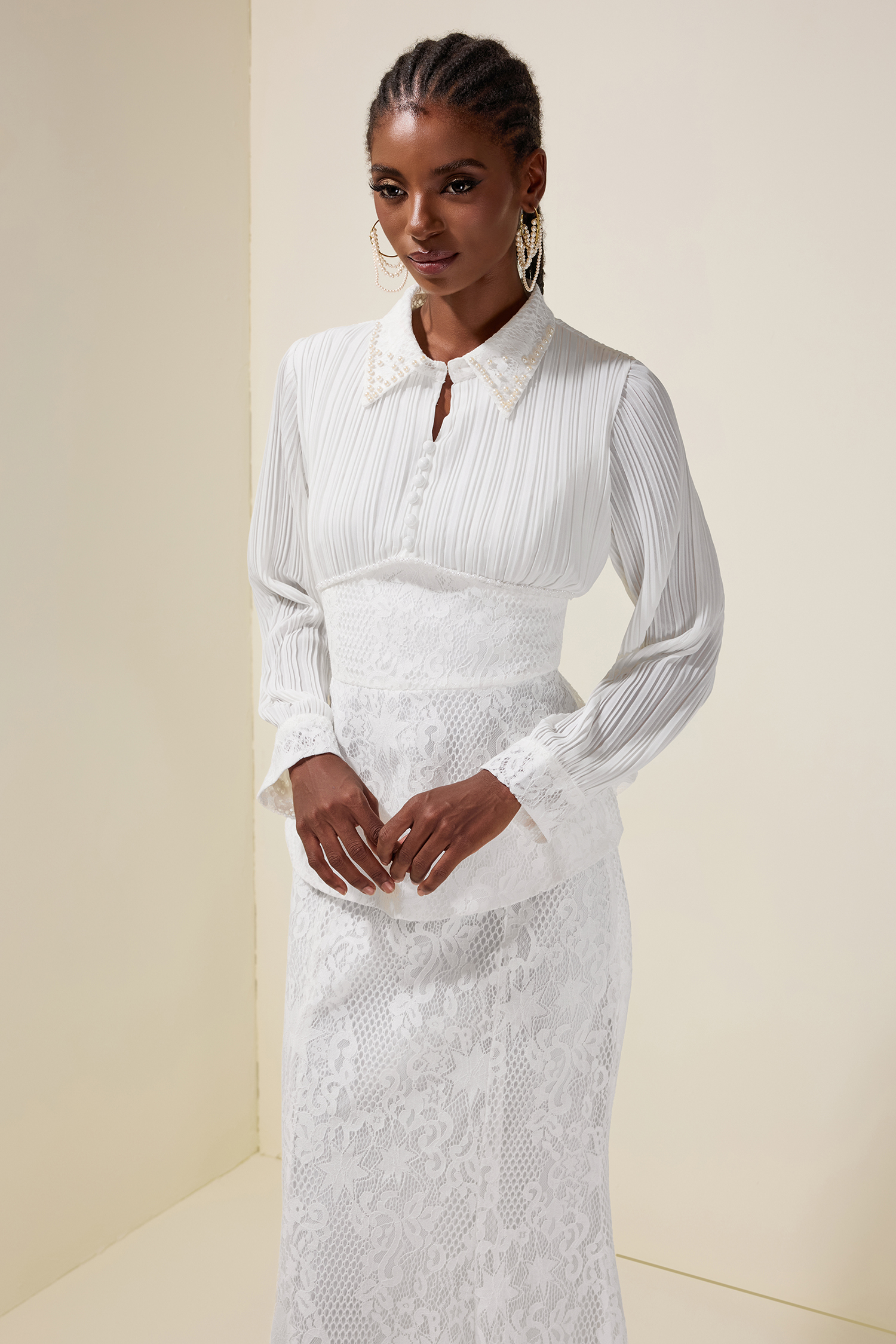 Faux Pearl Pleated Top & Lace High Waist Maxi Skirt Set