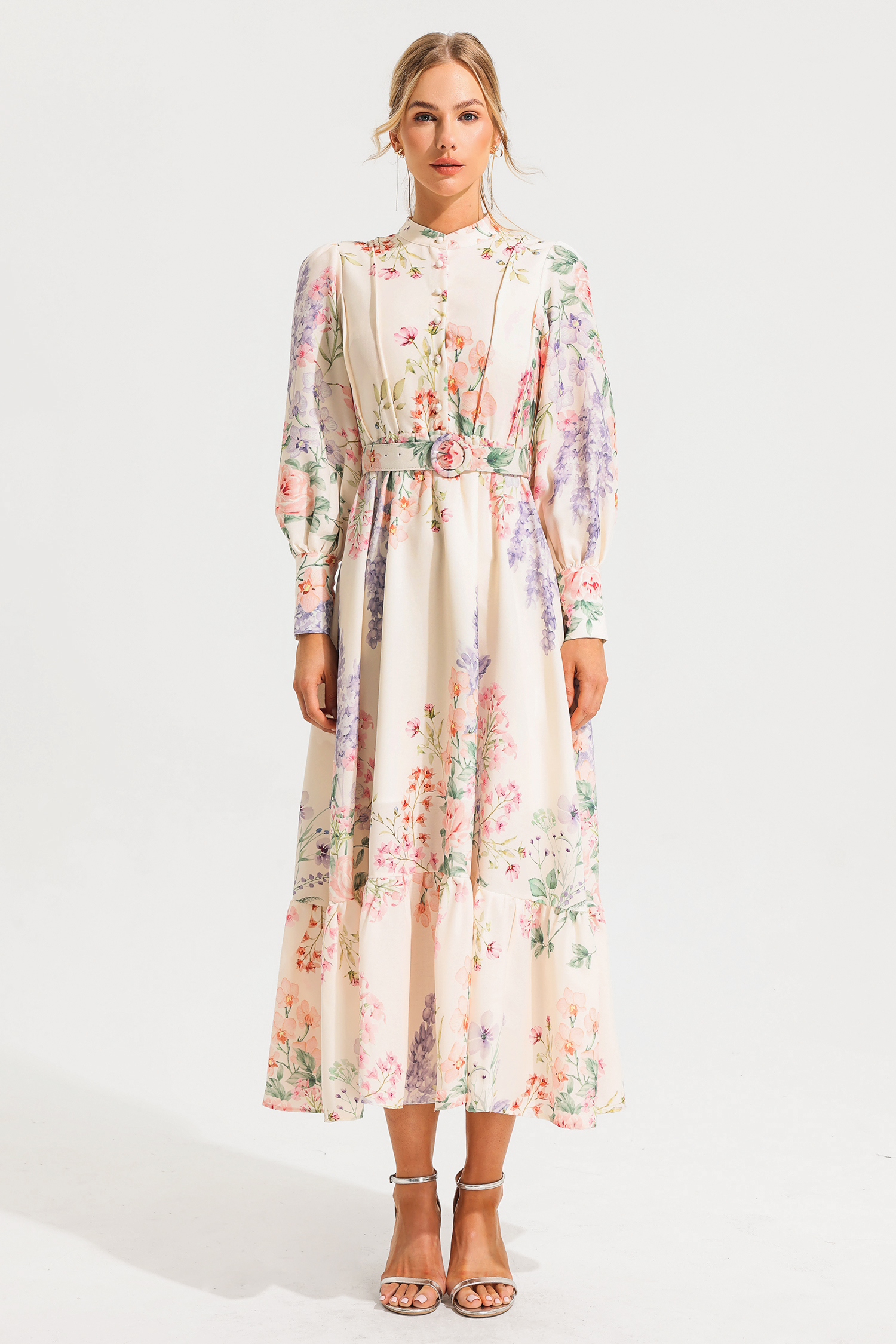 Floral Long Sleeve Maxi Dress With Belt