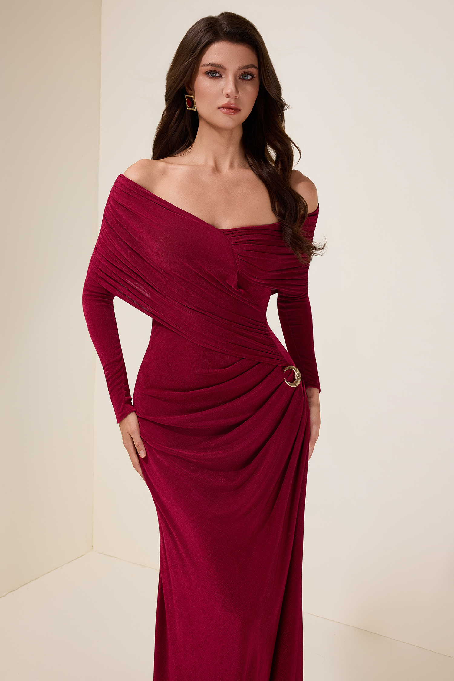 Solid Gathering Long Sleeve Maxi Dress