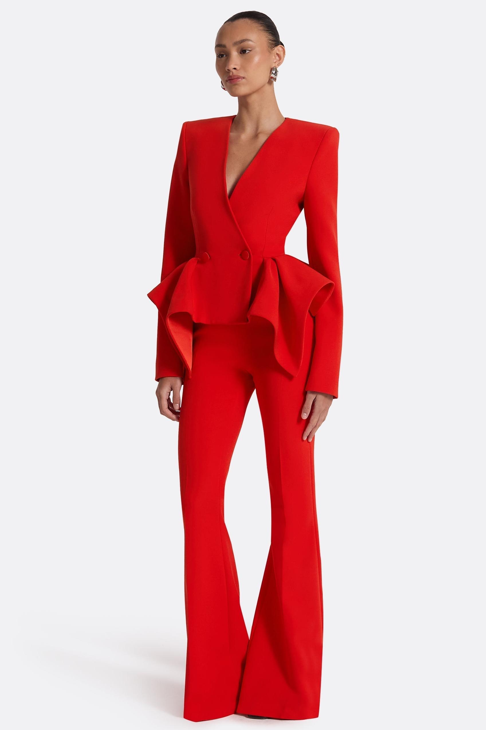 Ruffle V-Neck Blazer & High Waist Pants Set