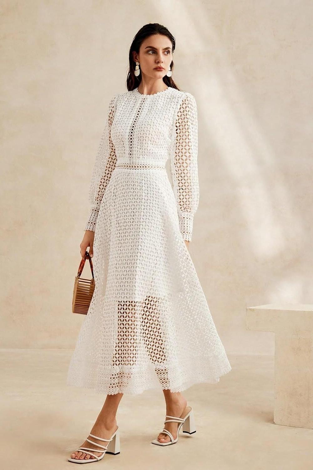 Solid Lace Lantern Sleeve Midi Dress