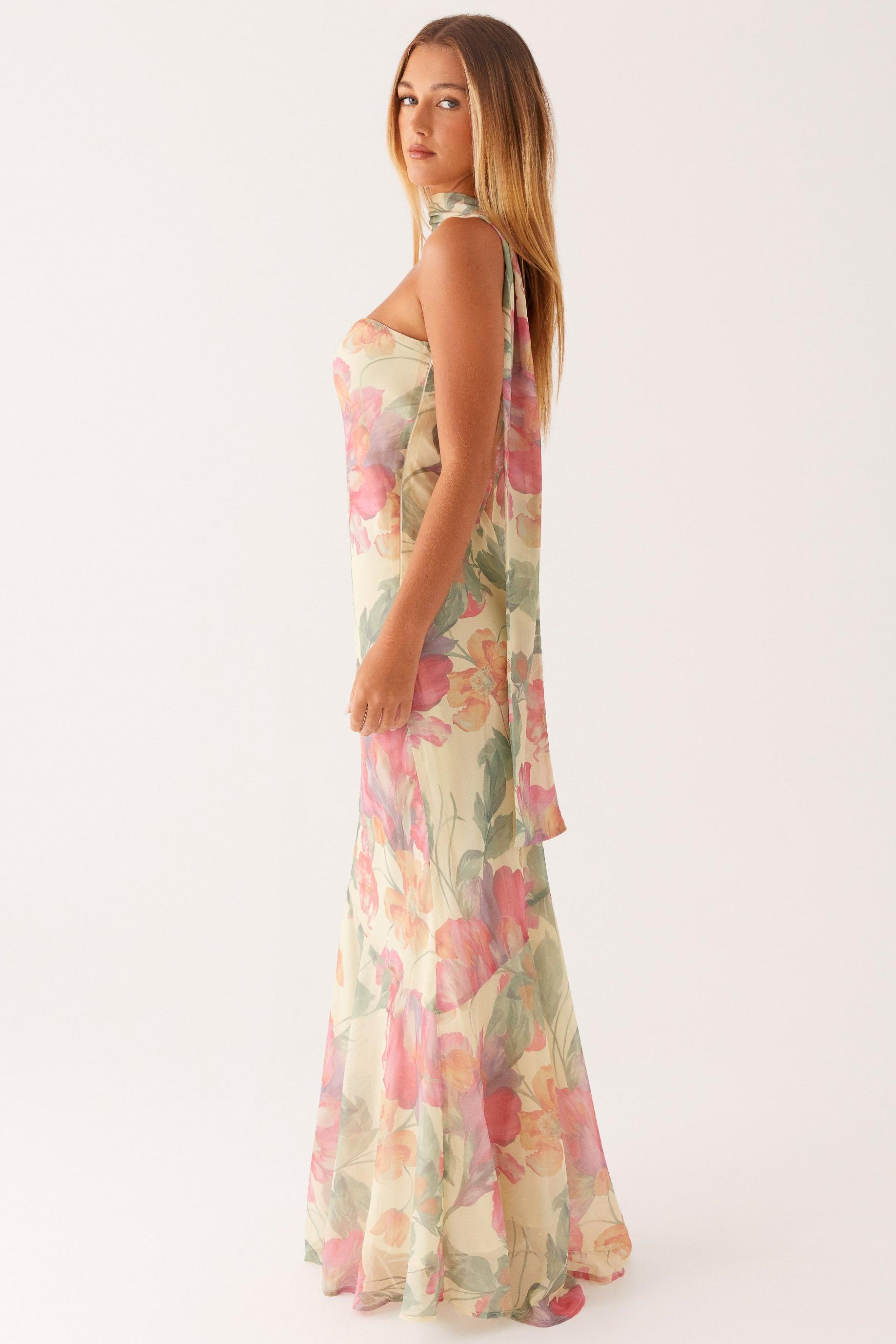 Floral Chiffon Strapless Maxi Dress