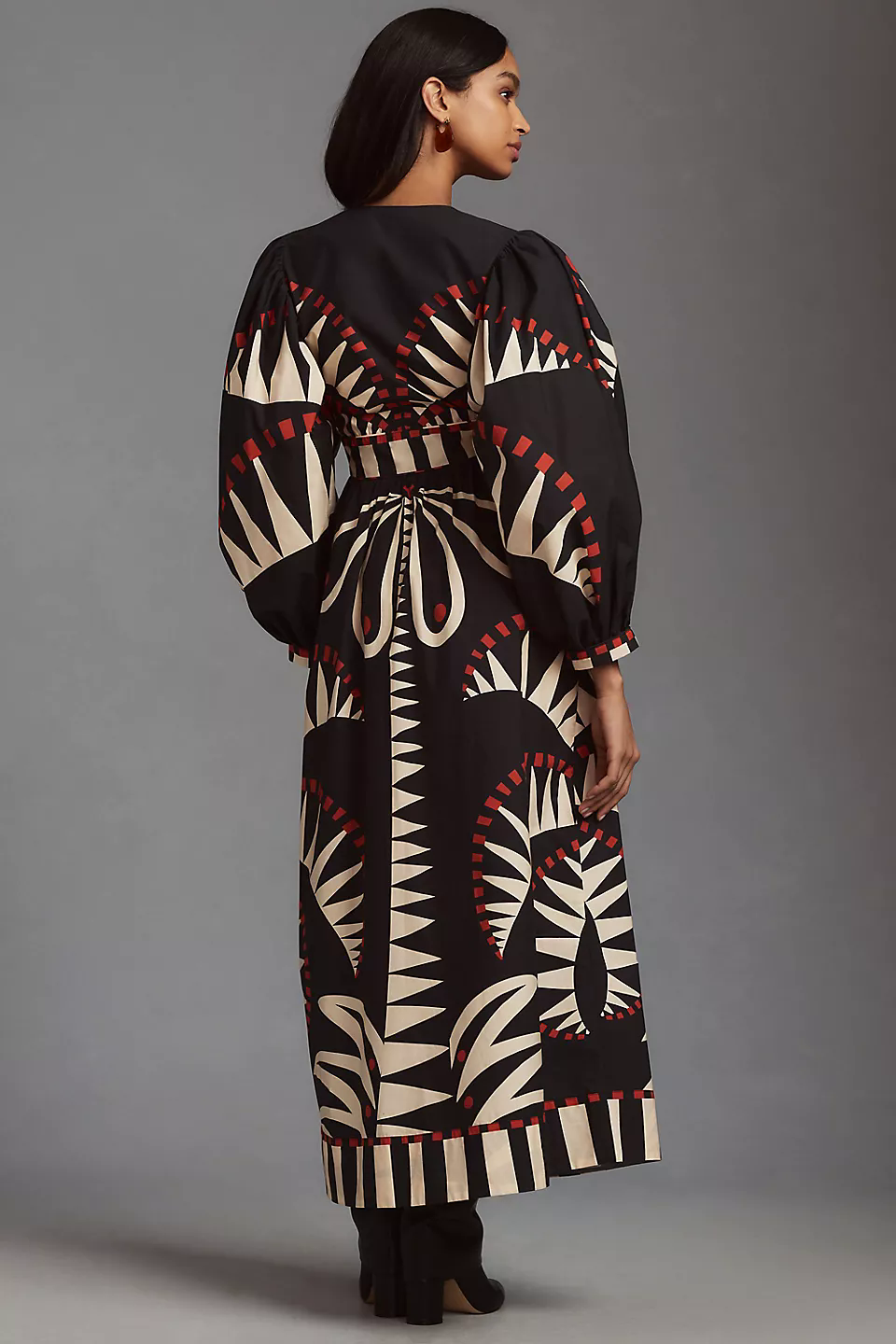 Single Breasted Puff Sleeve V-Neck Midi Dress