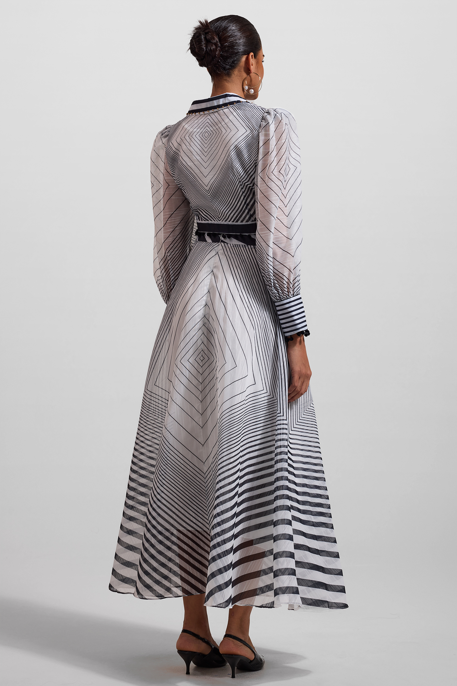 Stripe Lace Up Long Sleeve Top & Mid Waist Pleat Midi Skirt Set