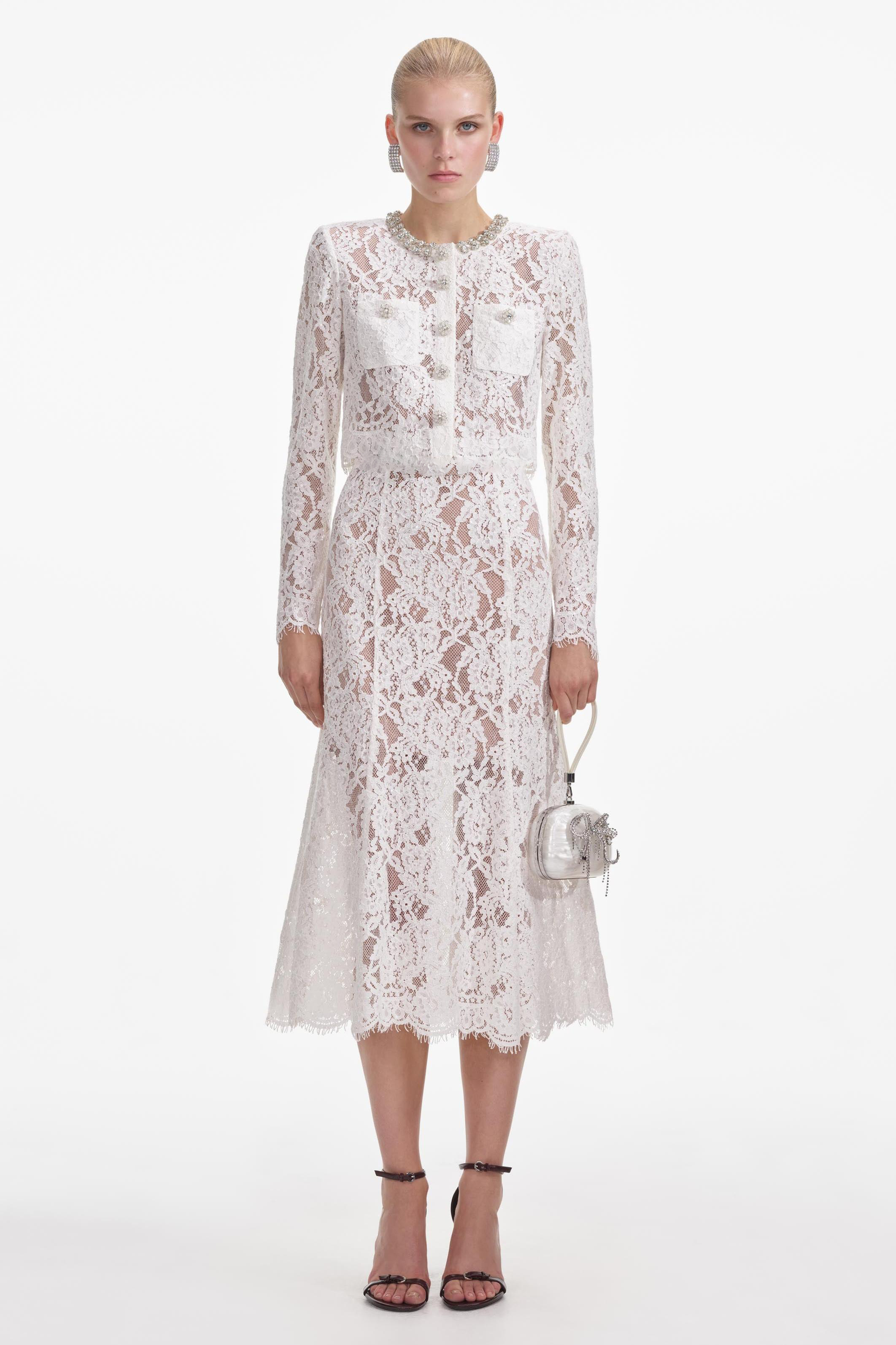 Lace Sequin Rhinestone Long Sleeve Top & High Waist Midi Skirt Set