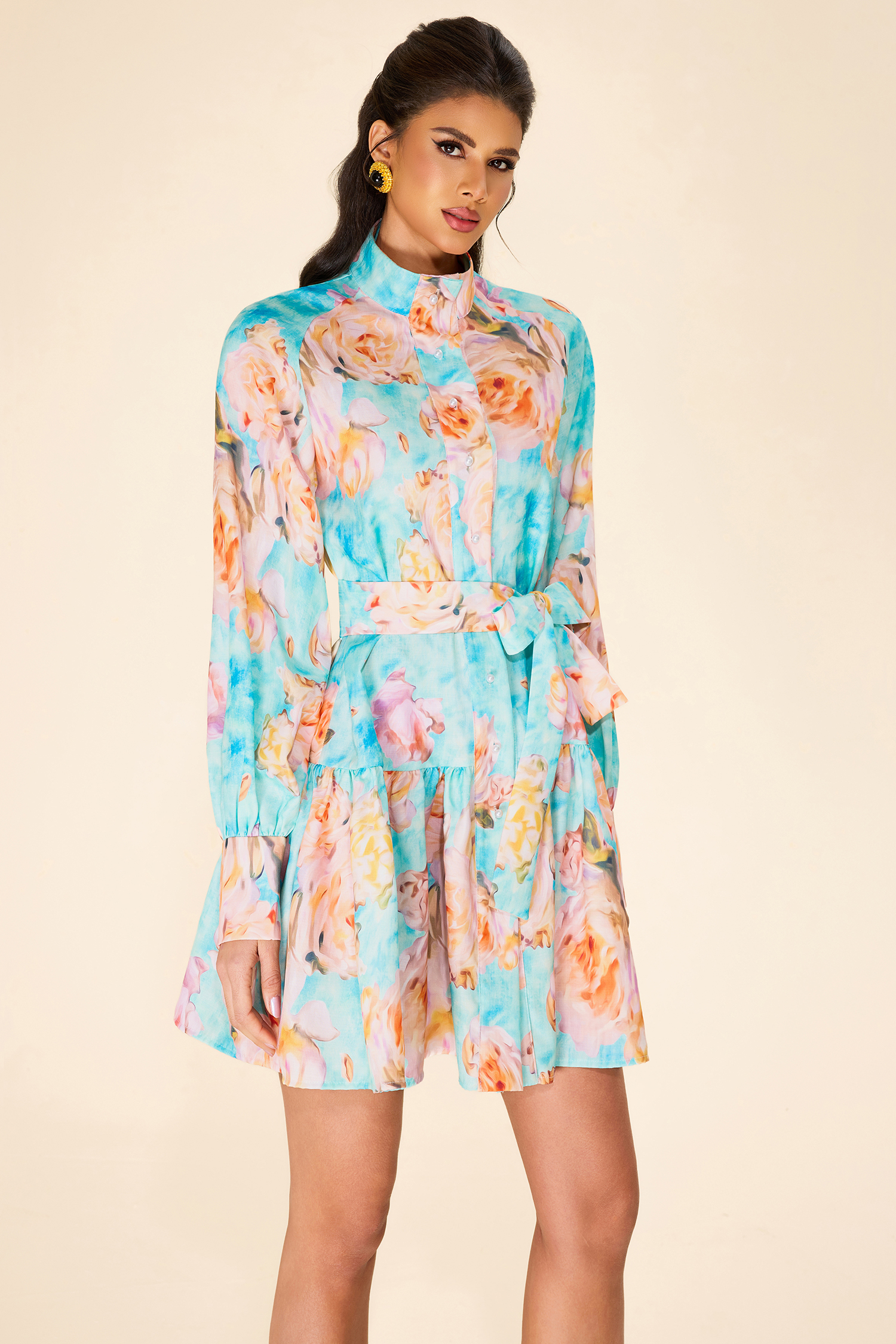Floral Lantern Sleeve Mini Dress With Belt