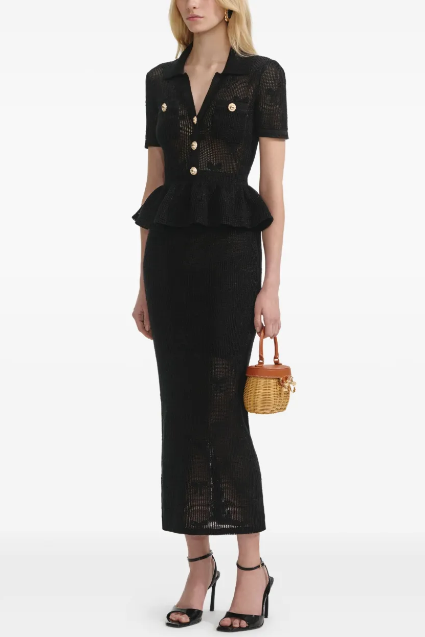 Metal Button Ruffle Top & High Waist Midi Skirt Set