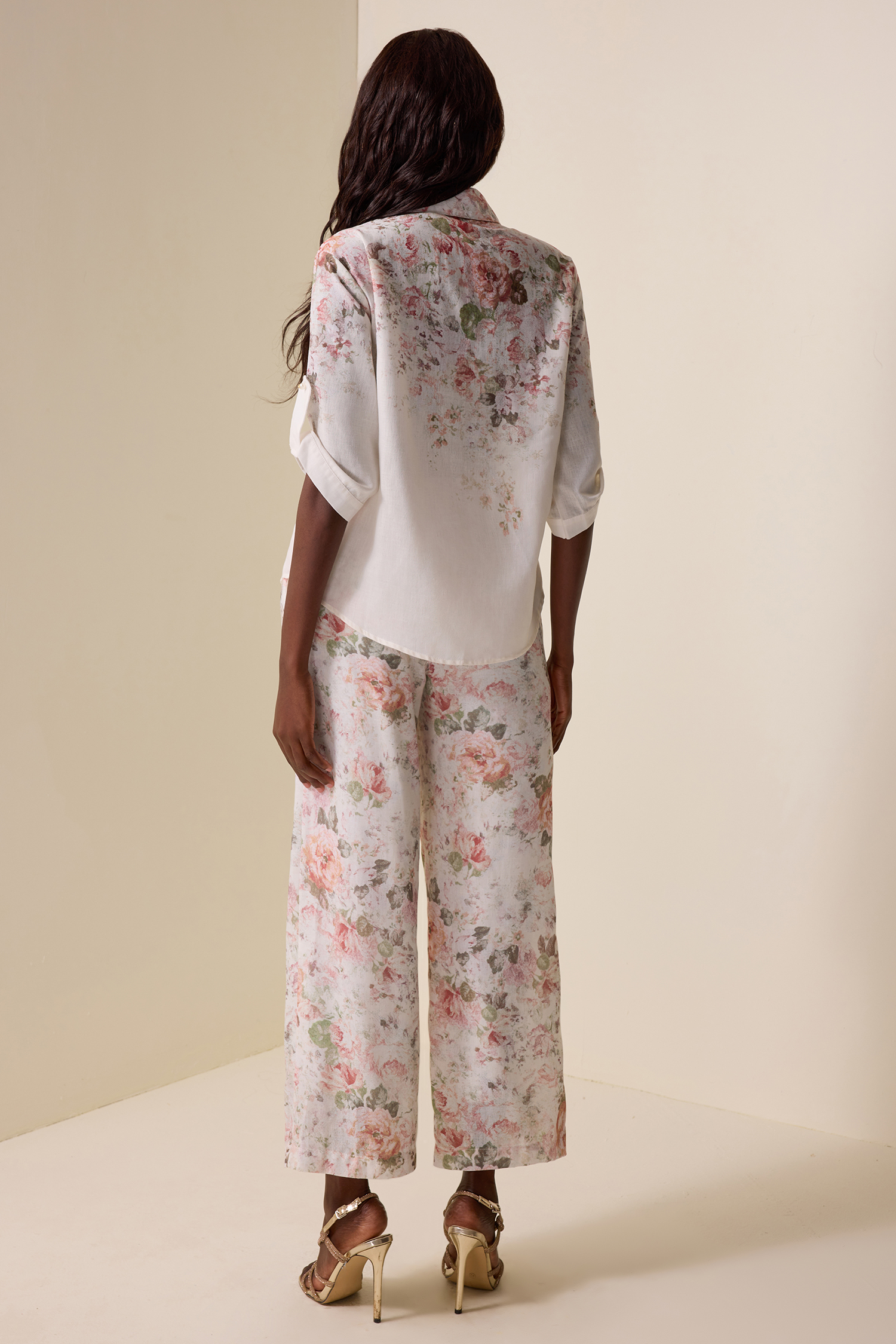 Floral Shirt Collar Short Sleeve Top & High Waist Pants Set