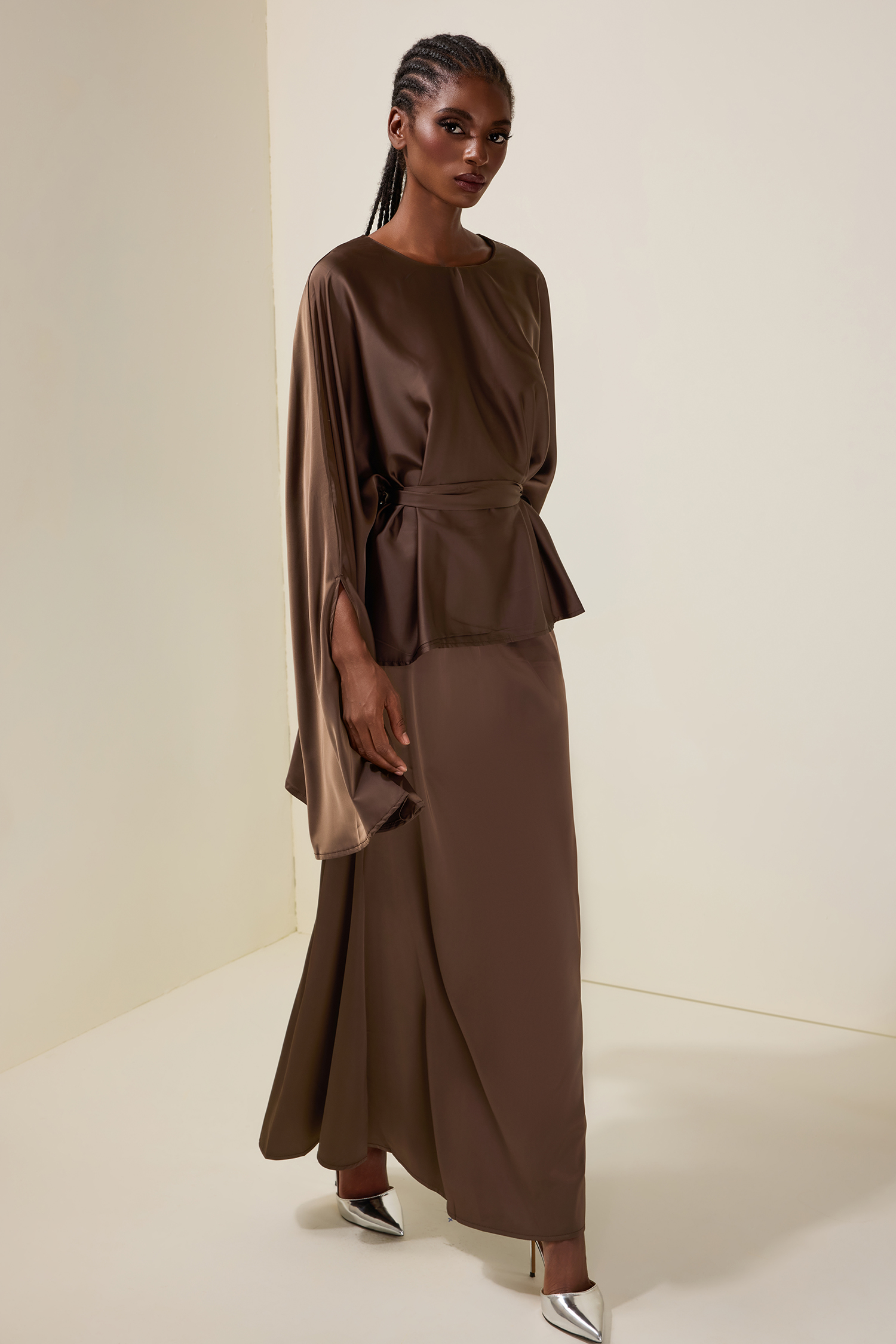 Satin Batwing Sleeve Top & Mid Waist Midi Skirt Set